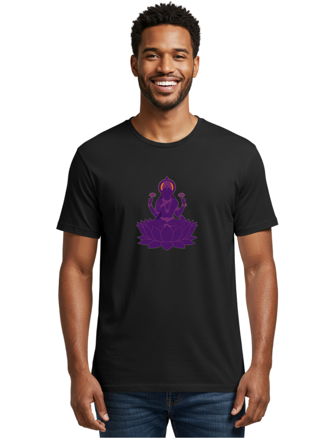 Lakshmi-2 Men'S Graphic Tee, 100% Cotton, Comfortable Casual Summer Wear, Machine Washable, Hindu Goddess, Lotus Flower, Multi-Armed Deity, Spiritual Symbolism, Sacred Geometry, Mystic Iconography, Purple Silhouette, Floral Motifs, Bad266