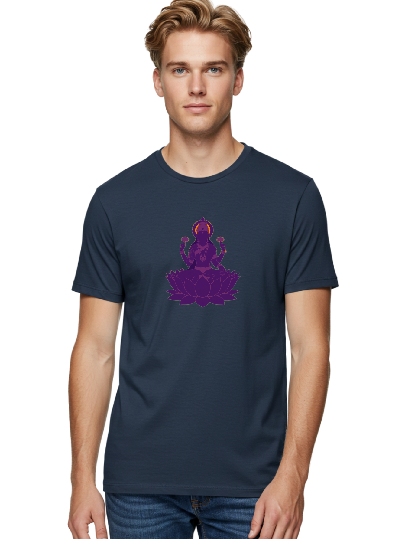 Lakshmi-2 Men'S Graphic Tee, 100% Cotton, Comfortable Casual Summer Wear, Machine Washable, Hindu Goddess, Lotus Flower, Multi-Armed Deity, Spiritual Symbolism, Sacred Geometry, Mystic Iconography, Purple Silhouette, Floral Motifs, Bad266