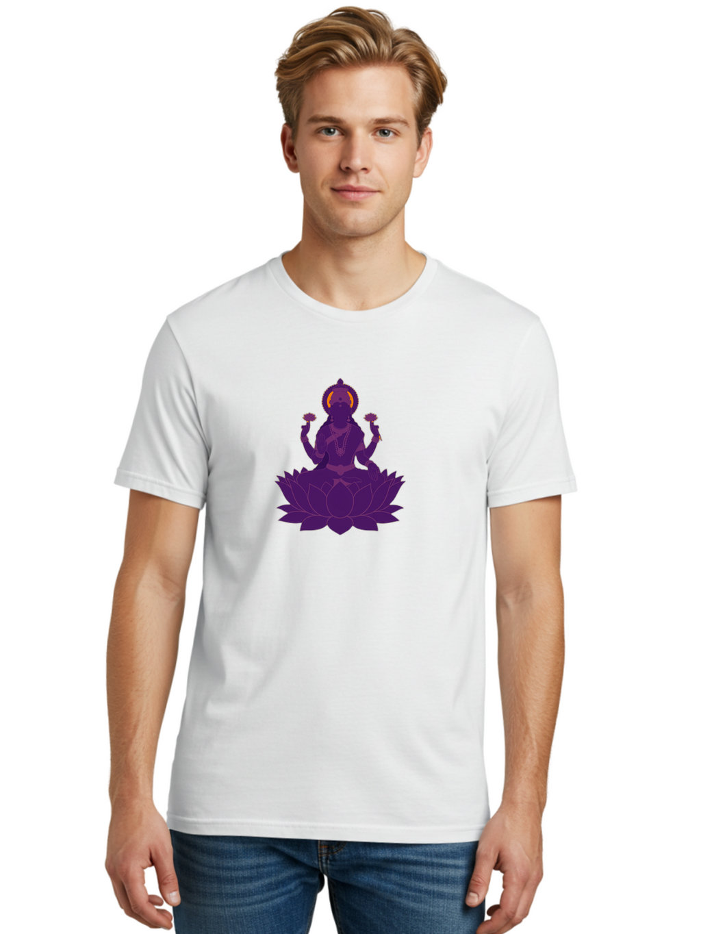 Lakshmi-2 Men'S Graphic Tee, 100% Cotton, Comfortable Casual Summer Wear, Machine Washable, Hindu Goddess, Lotus Flower, Multi-Armed Deity, Spiritual Symbolism, Sacred Geometry, Mystic Iconography, Purple Silhouette, Floral Motifs, Bad266