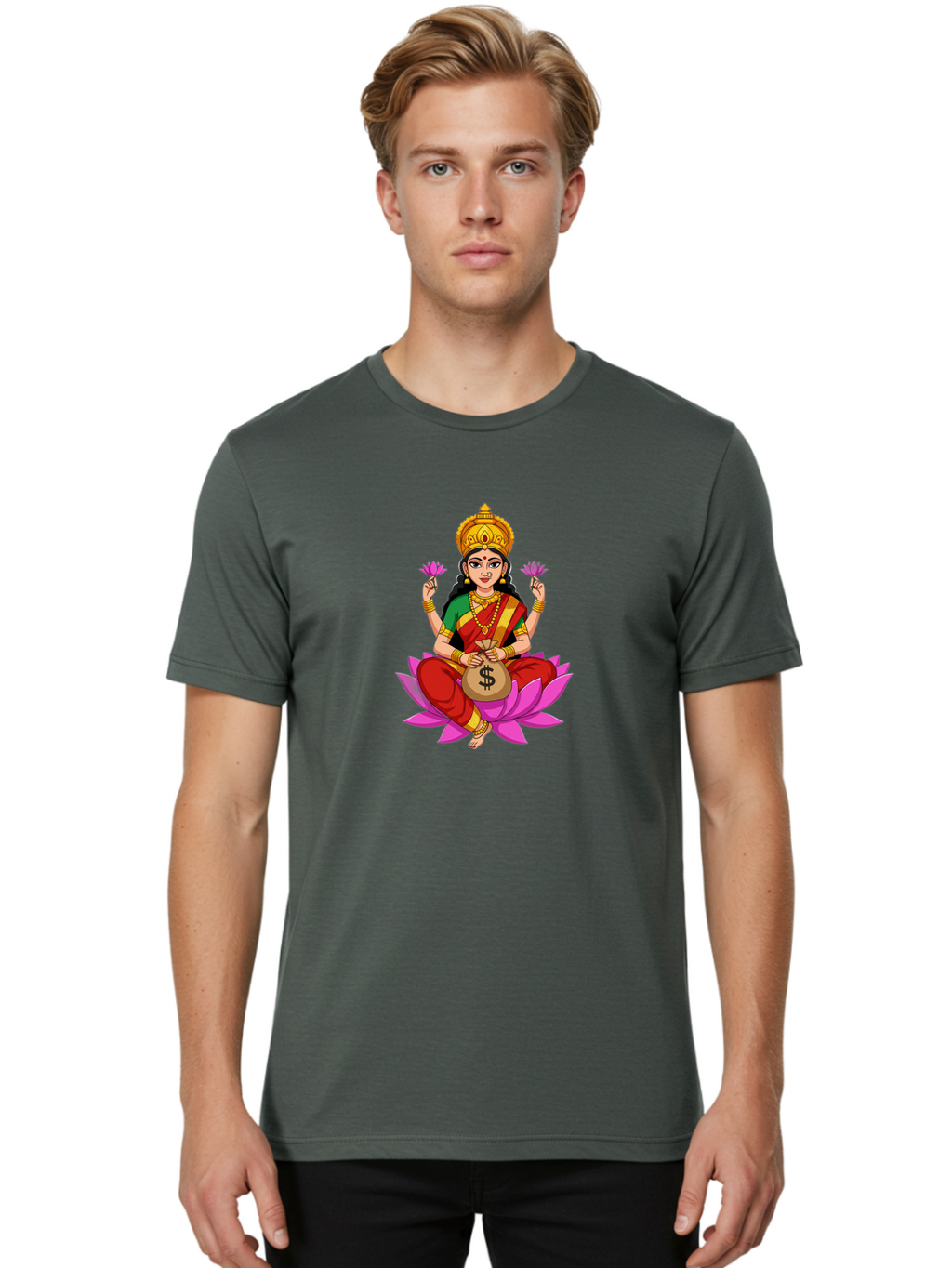 Lakshmi-3 Men'S Graphic Tee, 100% Cotton, Comfortable Casual Summer Wear, Machine Washable, Goddess Lakshmi, Lotus Flower, Prosperity, Wealth, Indian Mythology, Traditional Attire, Jewelry, $ Symbol, Spiritual Growth, Good Fortune, Bad267