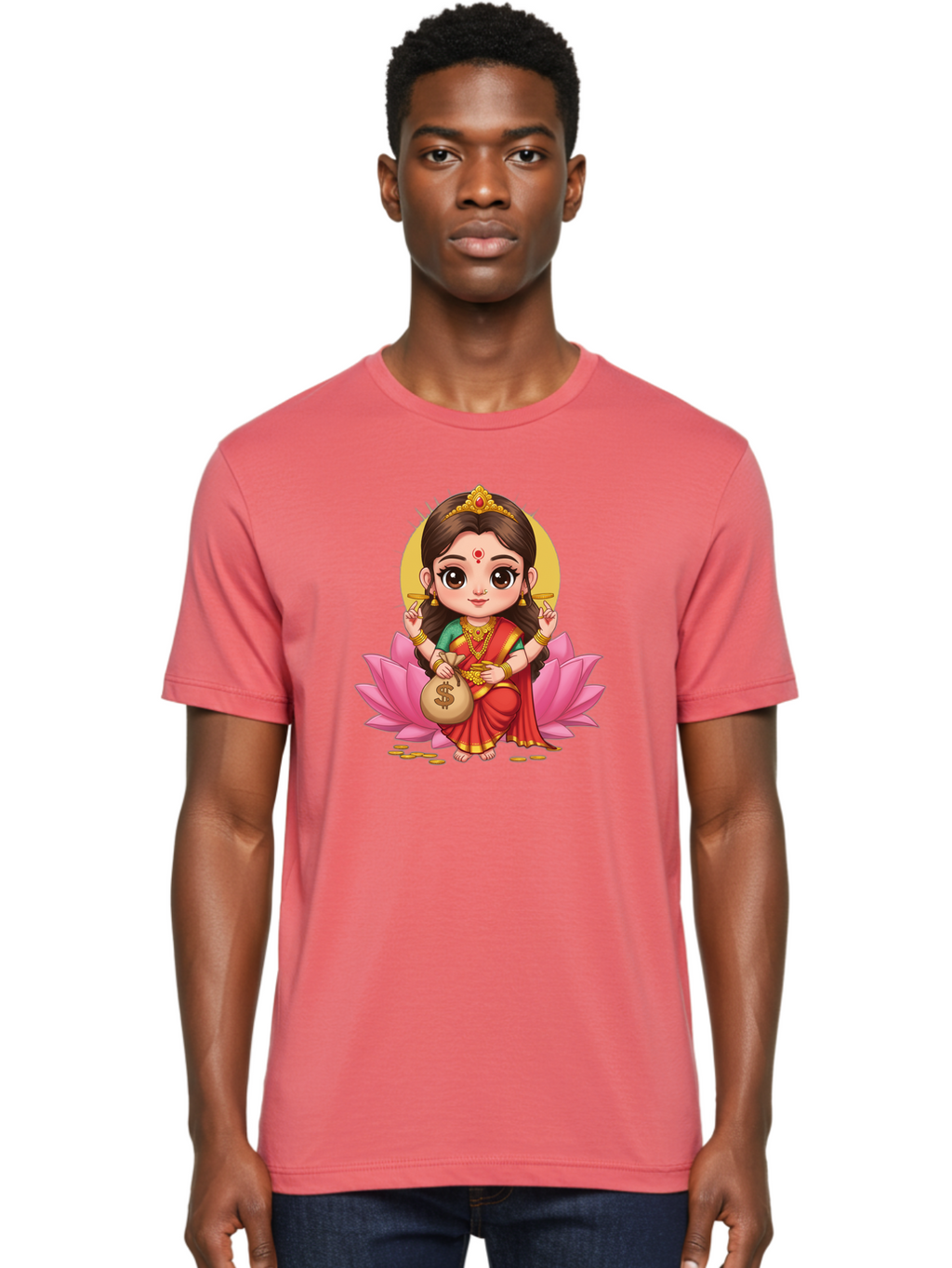 Lakshmi-4 Men'S Graphic Tee, 100% Cotton, Comfortable Casual Summer Wear, Machine Washable, Goddess Lakshmi, Hindu Deity, Prosperity Symbol, Lotus Flower, Golden Jewelry, Red Sari, Four-Armed Figure, Money Bag, Dollar Sign, Wealth And Fortune, Bad268