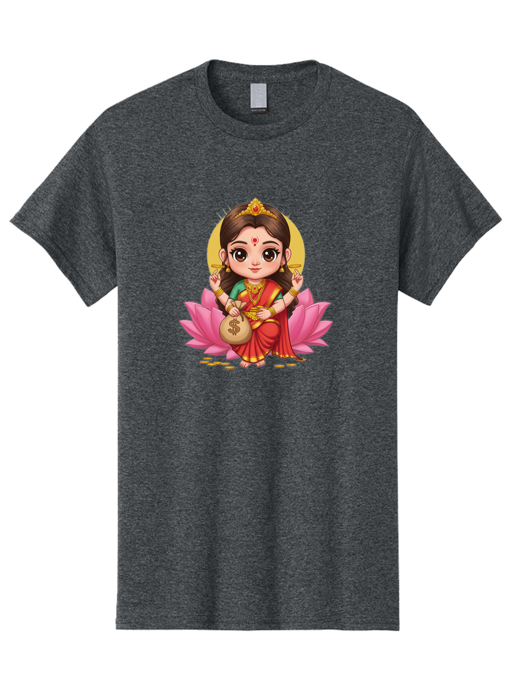Lakshmi-4 Men'S Graphic Tee, 100% Cotton, Comfortable Casual Summer Wear, Machine Washable, Goddess Lakshmi, Hindu Deity, Prosperity Symbol, Lotus Flower, Golden Jewelry, Red Sari, Four-Armed Figure, Money Bag, Dollar Sign, Wealth And Fortune, Bad268