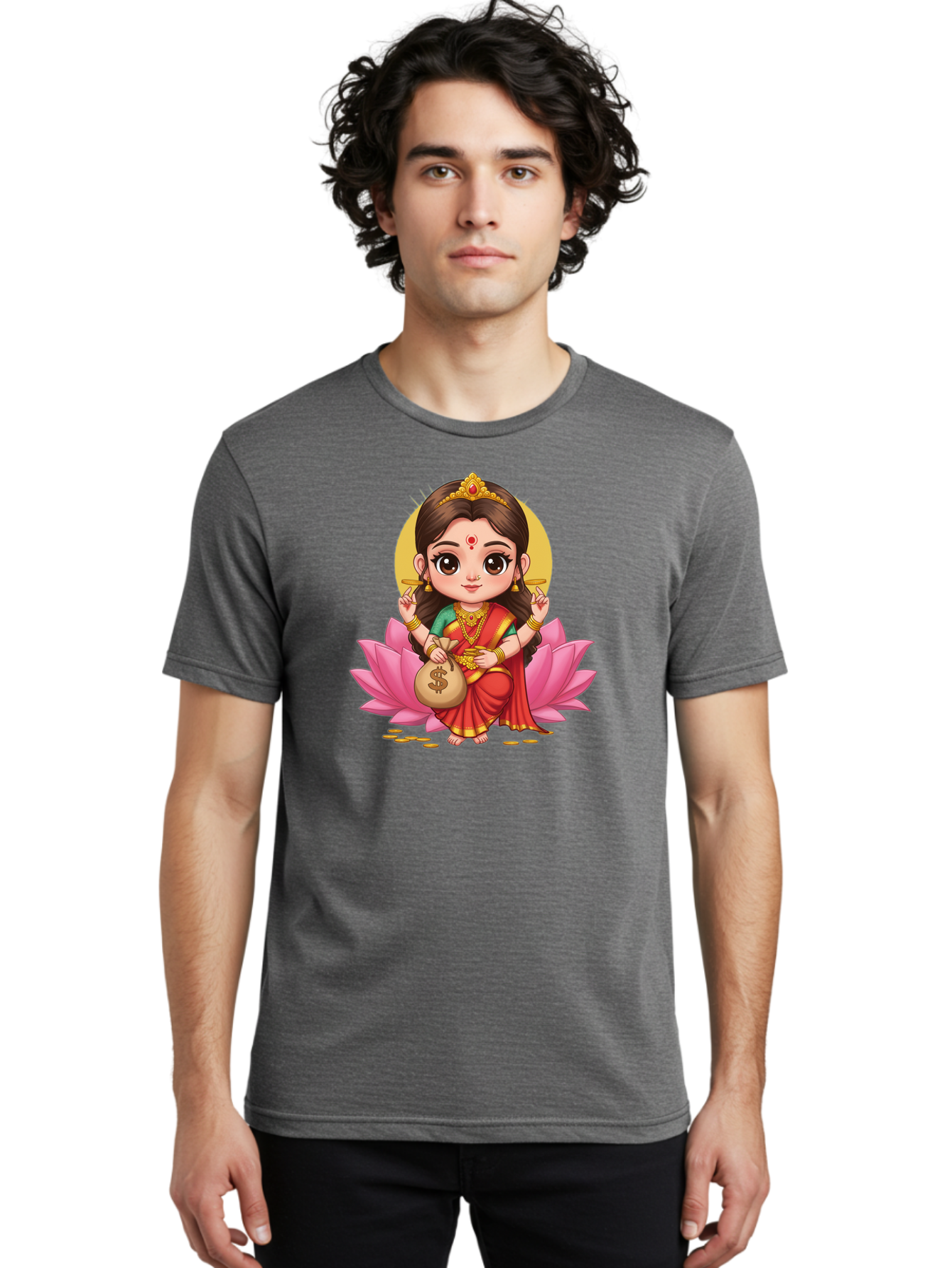 Lakshmi-4 Men'S Graphic Tee, 100% Cotton, Comfortable Casual Summer Wear, Machine Washable, Goddess Lakshmi, Hindu Deity, Prosperity Symbol, Lotus Flower, Golden Jewelry, Red Sari, Four-Armed Figure, Money Bag, Dollar Sign, Wealth And Fortune, Bad268