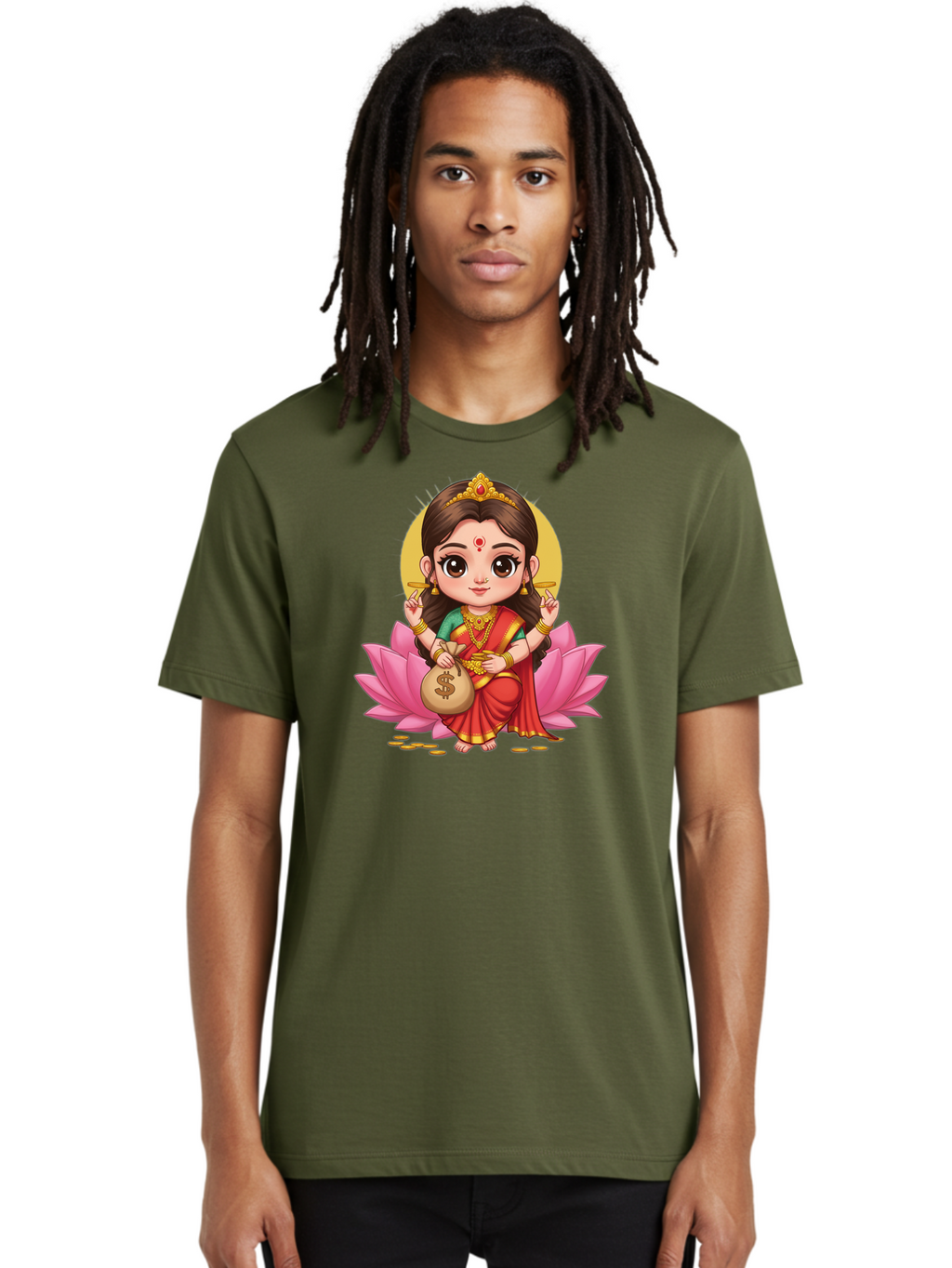 Lakshmi-4 Men'S Graphic Tee, 100% Cotton, Comfortable Casual Summer Wear, Machine Washable, Goddess Lakshmi, Hindu Deity, Prosperity Symbol, Lotus Flower, Golden Jewelry, Red Sari, Four-Armed Figure, Money Bag, Dollar Sign, Wealth And Fortune, Bad268