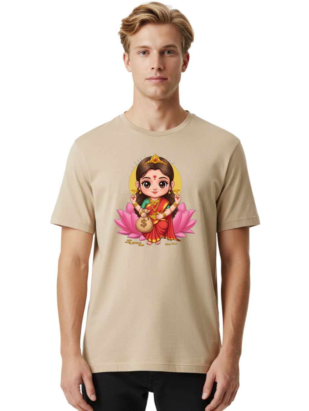Lakshmi-4 Men'S Graphic Tee, 100% Cotton, Comfortable Casual Summer Wear, Machine Washable, Goddess Lakshmi, Hindu Deity, Prosperity Symbol, Lotus Flower, Golden Jewelry, Red Sari, Four-Armed Figure, Money Bag, Dollar Sign, Wealth And Fortune, Bad268
