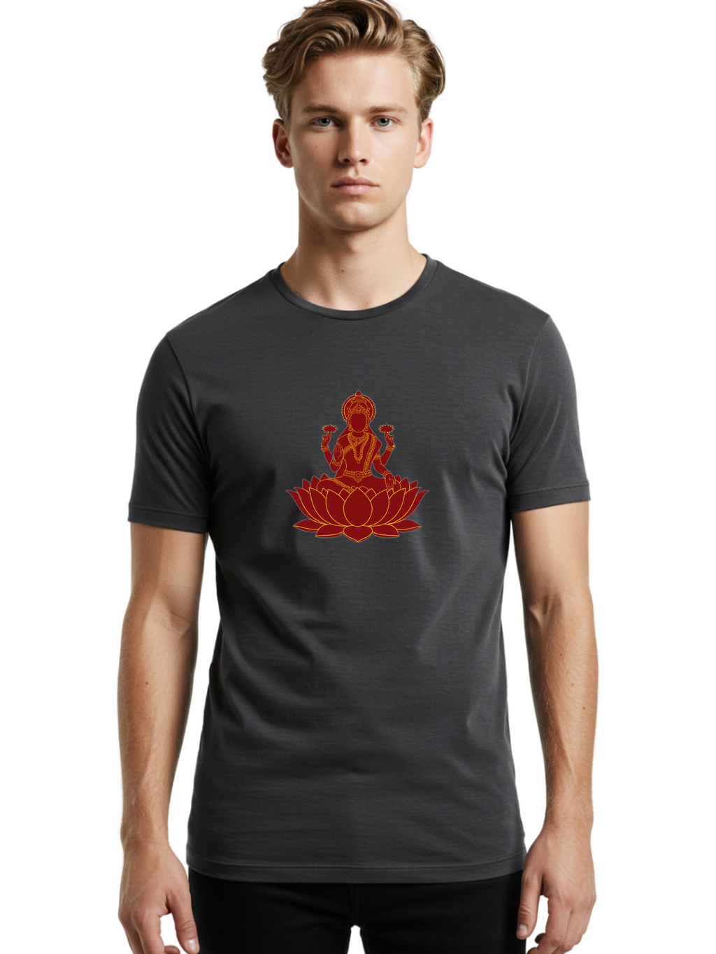 Lakshmi-Lotus Men'S Graphic Tee, 100% Cotton, Comfortable Casual Summer Wear, Machine Washable, Goddess On Lotus, Lotus Flower, Spiritual Symbolism, Meditation, Mindfulness, Spiritual Growth, Inner Peace, Yoga, Wellness, Feminine Energy, Bad269