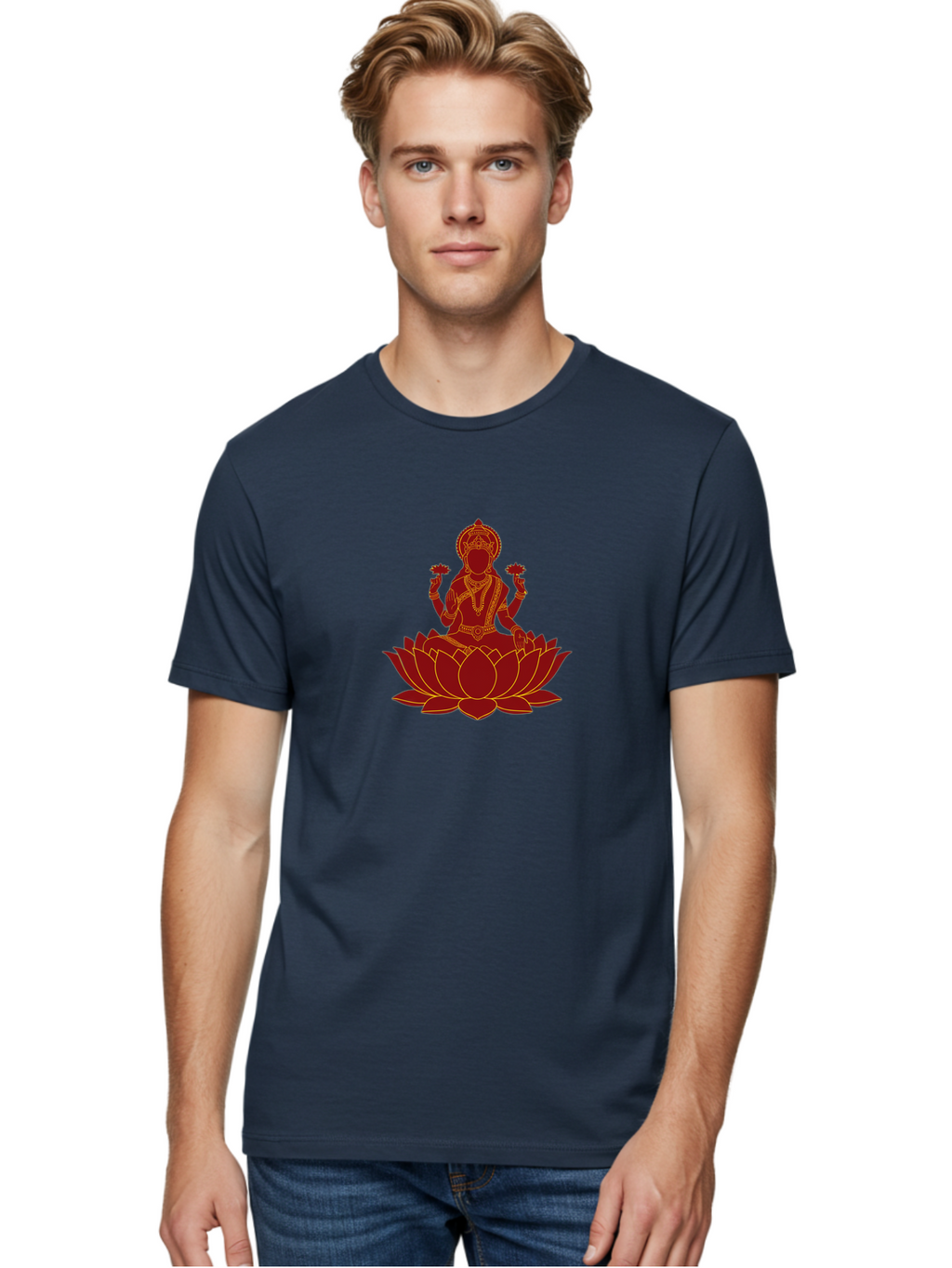 Lakshmi-Lotus Men'S Graphic Tee, 100% Cotton, Comfortable Casual Summer Wear, Machine Washable, Goddess On Lotus, Lotus Flower, Spiritual Symbolism, Meditation, Mindfulness, Spiritual Growth, Inner Peace, Yoga, Wellness, Feminine Energy, Bad269