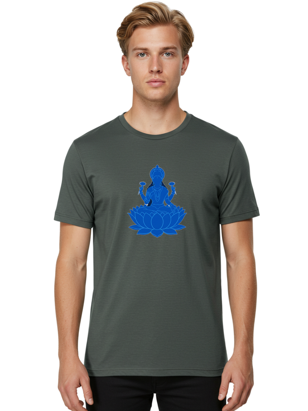 Lakshmi Men'S Graphic Tee, 100% Cotton, Comfortable Casual Summer Wear, Machine Washable, Goddess Lakshmi, Lotus Flower, Spiritual Symbolism, Hindu Mythology, Serene Pose, Symbolic Jewelry, Tranquil Atmosphere, Yoga, Meditation, Inner Peace, Bad270