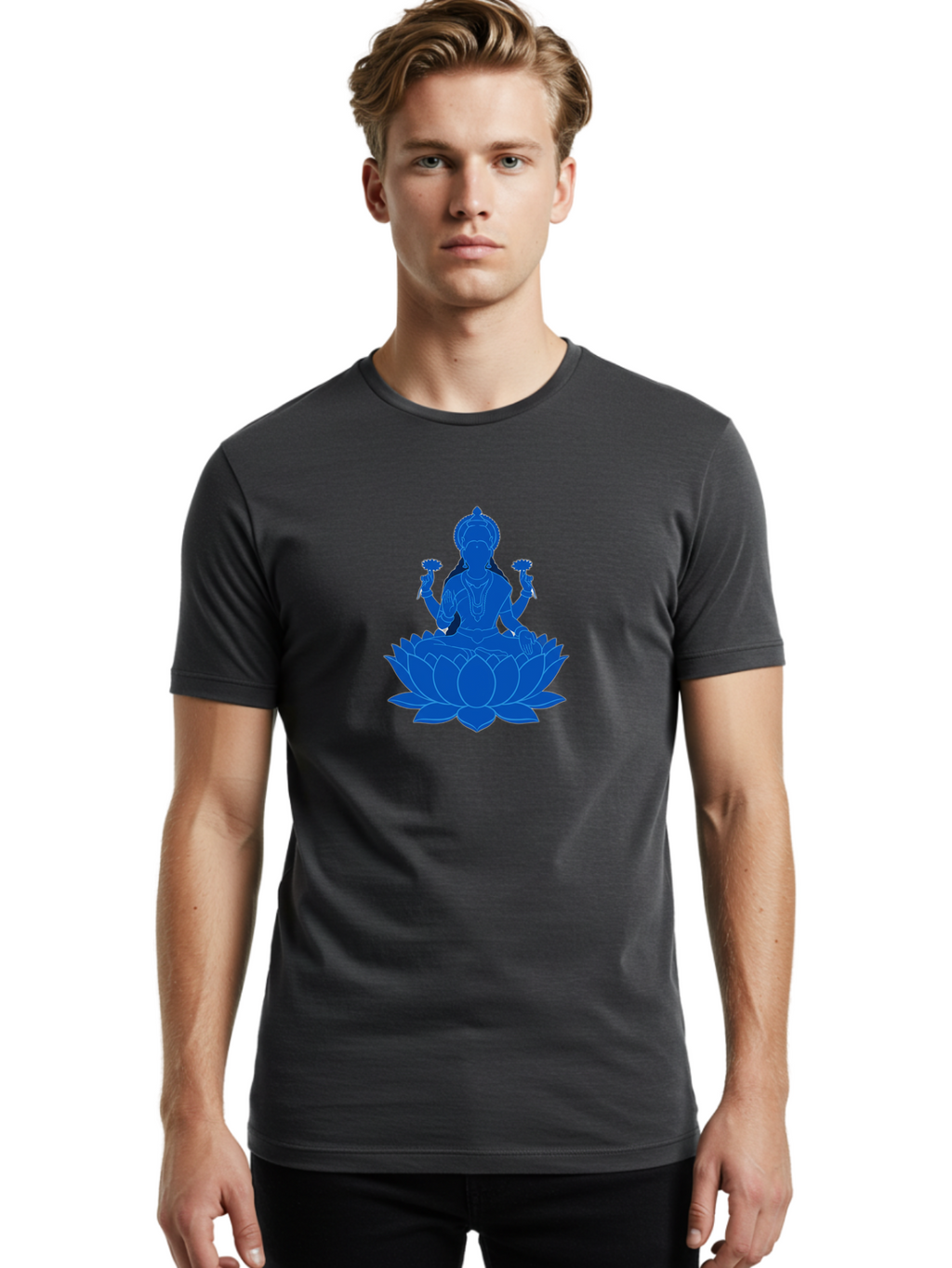 Lakshmi Men'S Graphic Tee, 100% Cotton, Comfortable Casual Summer Wear, Machine Washable, Goddess Lakshmi, Lotus Flower, Spiritual Symbolism, Hindu Mythology, Serene Pose, Symbolic Jewelry, Tranquil Atmosphere, Yoga, Meditation, Inner Peace, Bad270