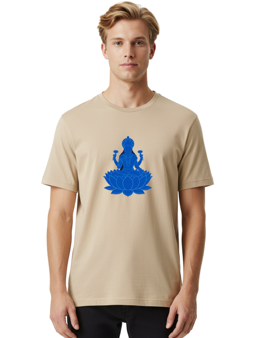 Lakshmi Men'S Graphic Tee, 100% Cotton, Comfortable Casual Summer Wear, Machine Washable, Goddess Lakshmi, Lotus Flower, Spiritual Symbolism, Hindu Mythology, Serene Pose, Symbolic Jewelry, Tranquil Atmosphere, Yoga, Meditation, Inner Peace, Bad270