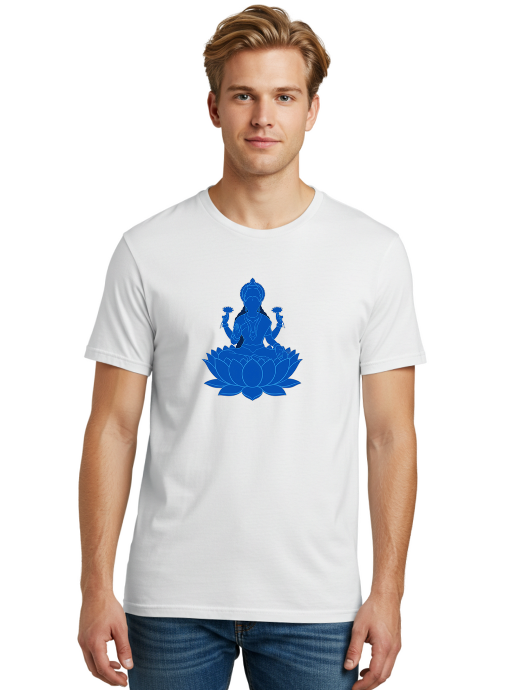 Lakshmi Men'S Graphic Tee, 100% Cotton, Comfortable Casual Summer Wear, Machine Washable, Goddess Lakshmi, Lotus Flower, Spiritual Symbolism, Hindu Mythology, Serene Pose, Symbolic Jewelry, Tranquil Atmosphere, Yoga, Meditation, Inner Peace, Bad270