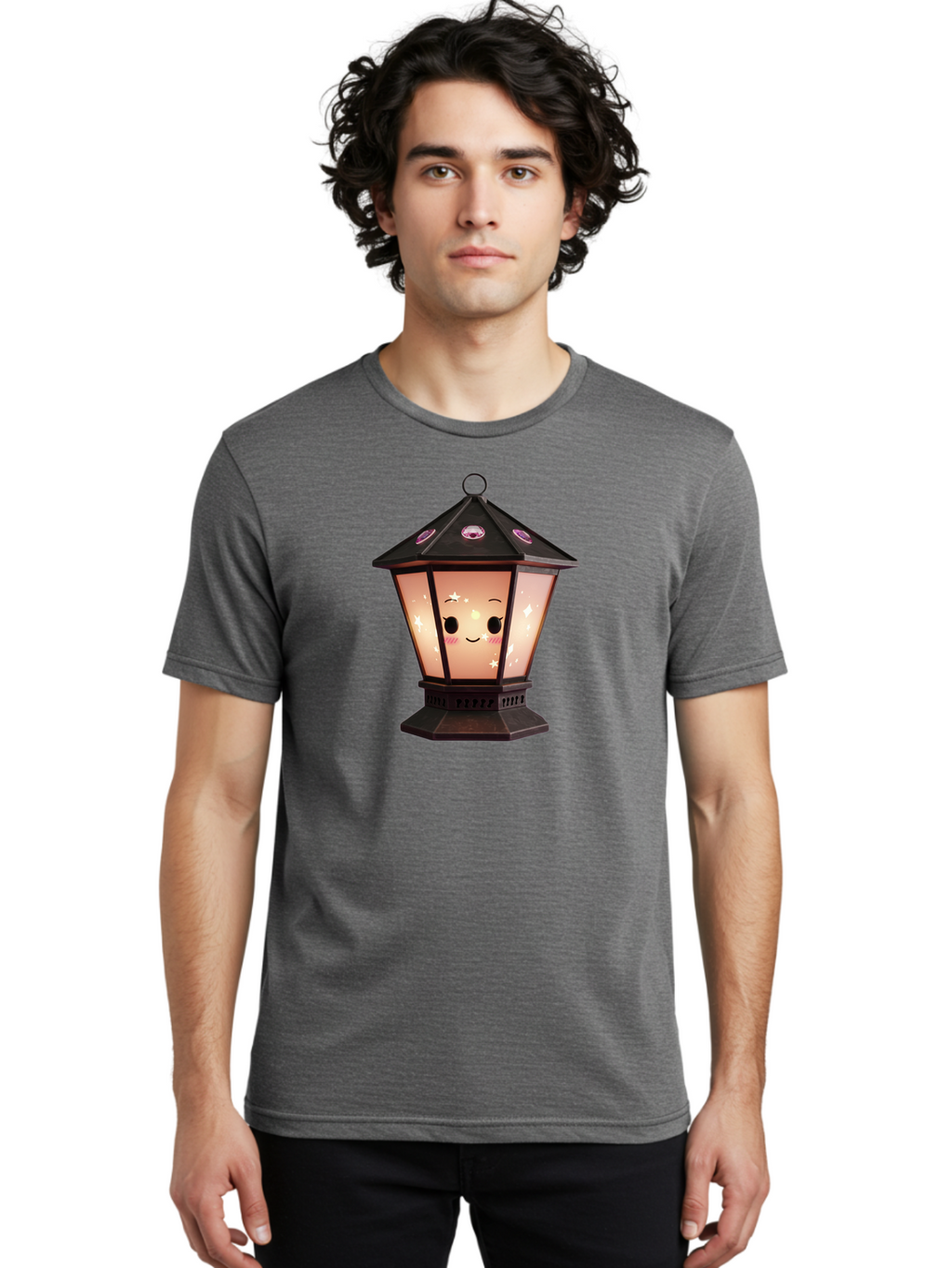 Lamp-Post-Kawaii-Face Men'S Graphic Tee, 100% Cotton, Comfortable Casual Summer Wear, Machine Washable, Cartoon Lantern, Smiling Face, Kawaii, Soft Lighting, Sparkles, Whimsical Design, Decorative Lantern, Pink Cheeks Bad271
