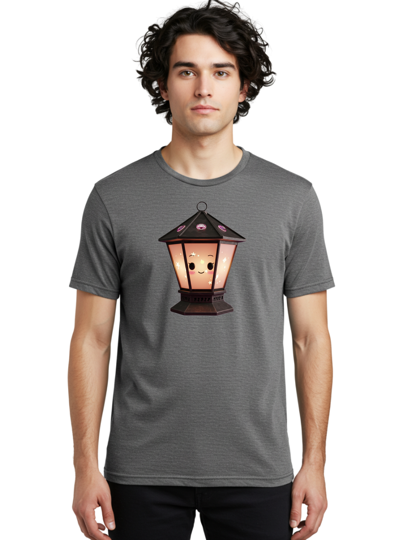 Lamp-Post-Kawaii-Face Men'S Graphic Tee, 100% Cotton, Comfortable Casual Summer Wear, Machine Washable, Cartoon Lantern, Smiling Face, Kawaii, Soft Lighting, Sparkles, Whimsical Design, Decorative Lantern, Pink Cheeks Bad271