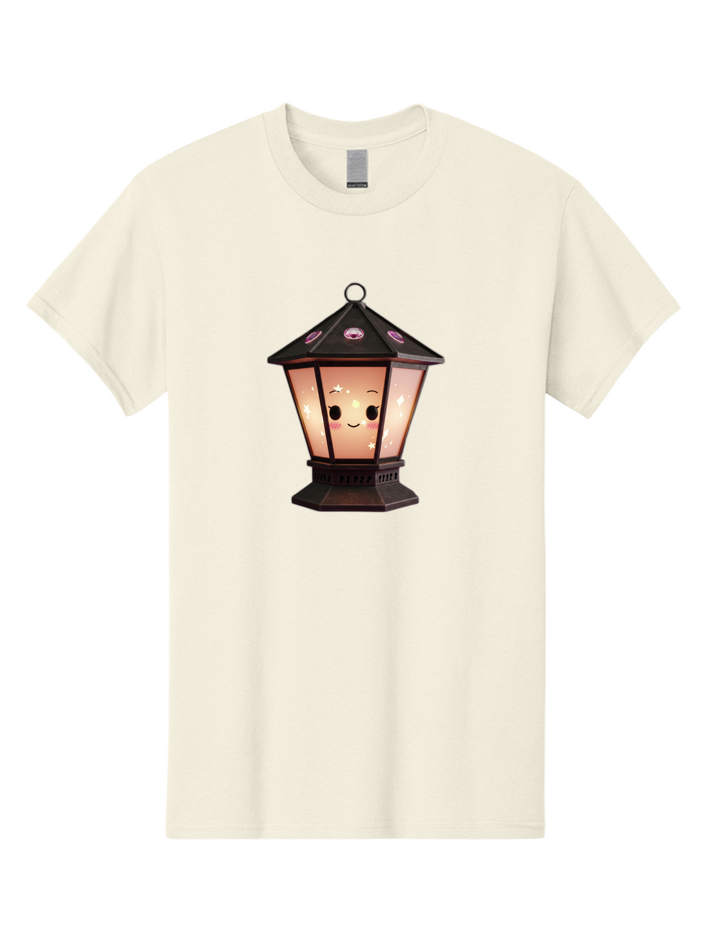 Lamp-Post-Kawaii-Face Men'S Graphic Tee, 100% Cotton, Comfortable Casual Summer Wear, Machine Washable, Cartoon Lantern, Smiling Face, Kawaii, Soft Lighting, Sparkles, Whimsical Design, Decorative Lantern, Pink Cheeks Bad271