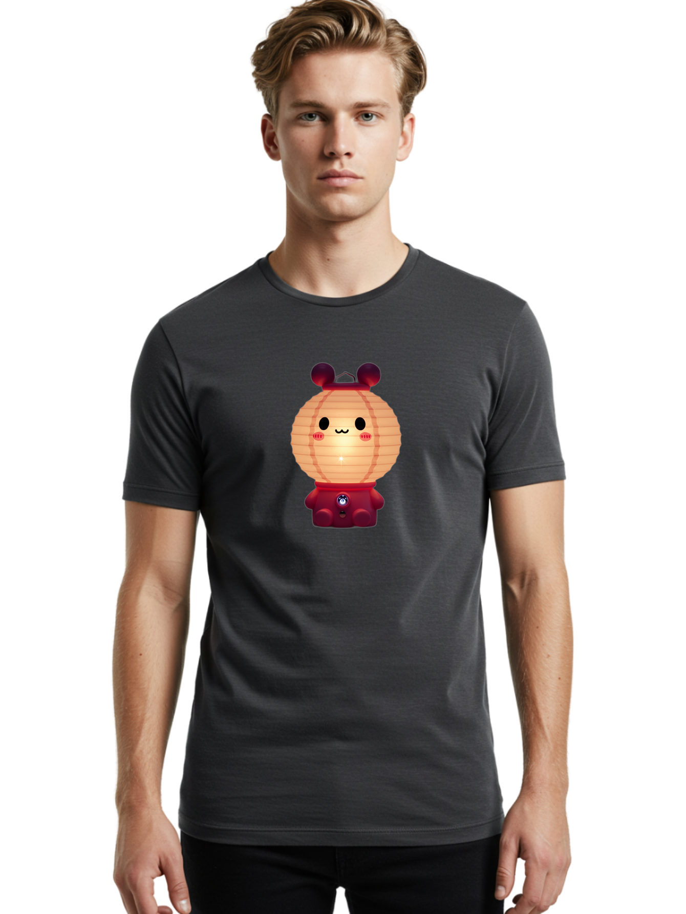 Lantern-Character Men'S Graphic Tee, 100% Cotton, Comfortable Casual Summer Wear, Machine Washable, Kawaii Lantern Character, Cute Cartoon Design, Adorable Face, Red Lantern Costume, Glowing Light, Cartoonish Features, Anime Style, Bad273
