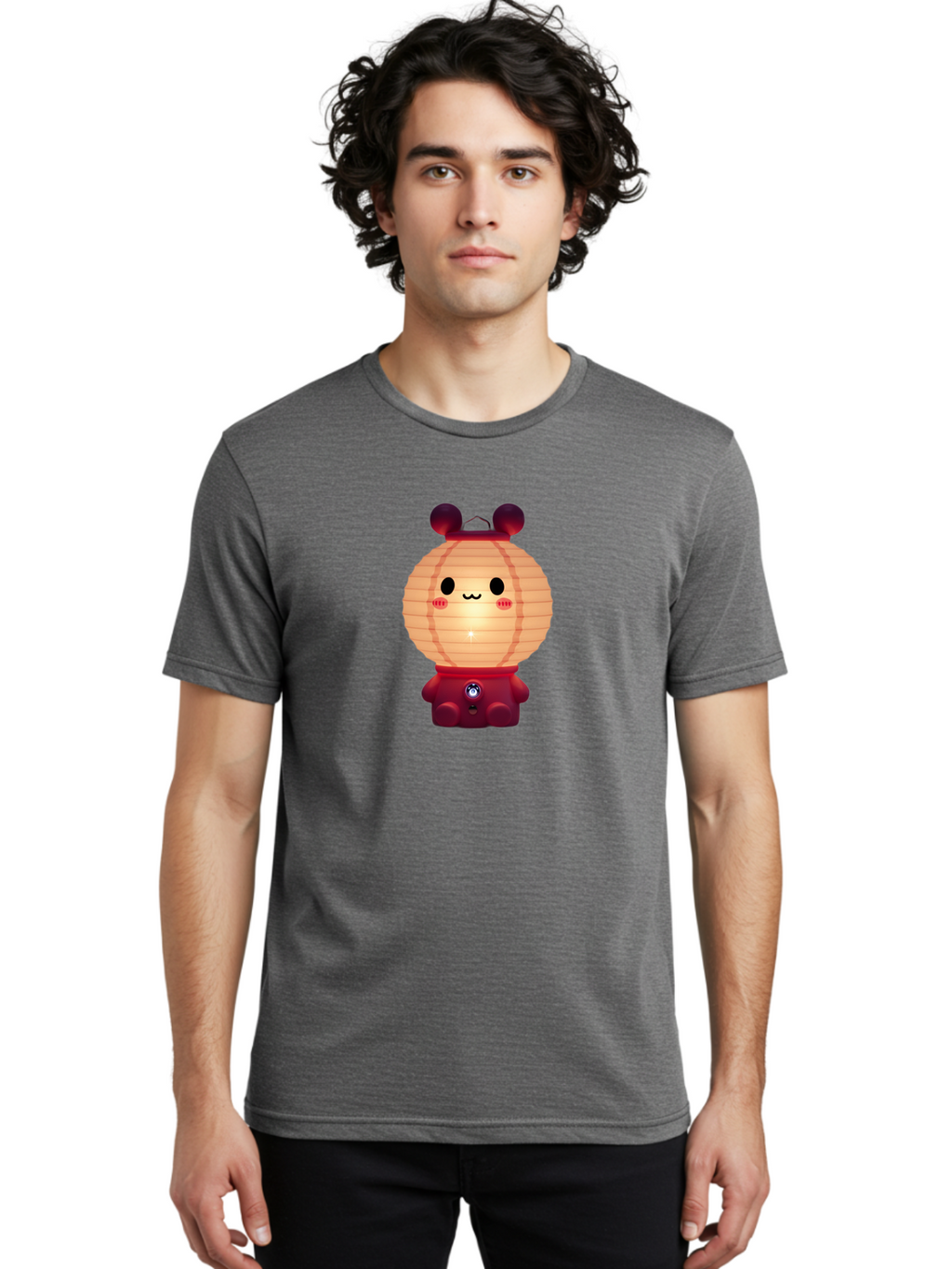 Lantern-Character Men'S Graphic Tee, 100% Cotton, Comfortable Casual Summer Wear, Machine Washable, Kawaii Lantern Character, Cute Cartoon Design, Adorable Face, Red Lantern Costume, Glowing Light, Cartoonish Features, Anime Style, Bad273