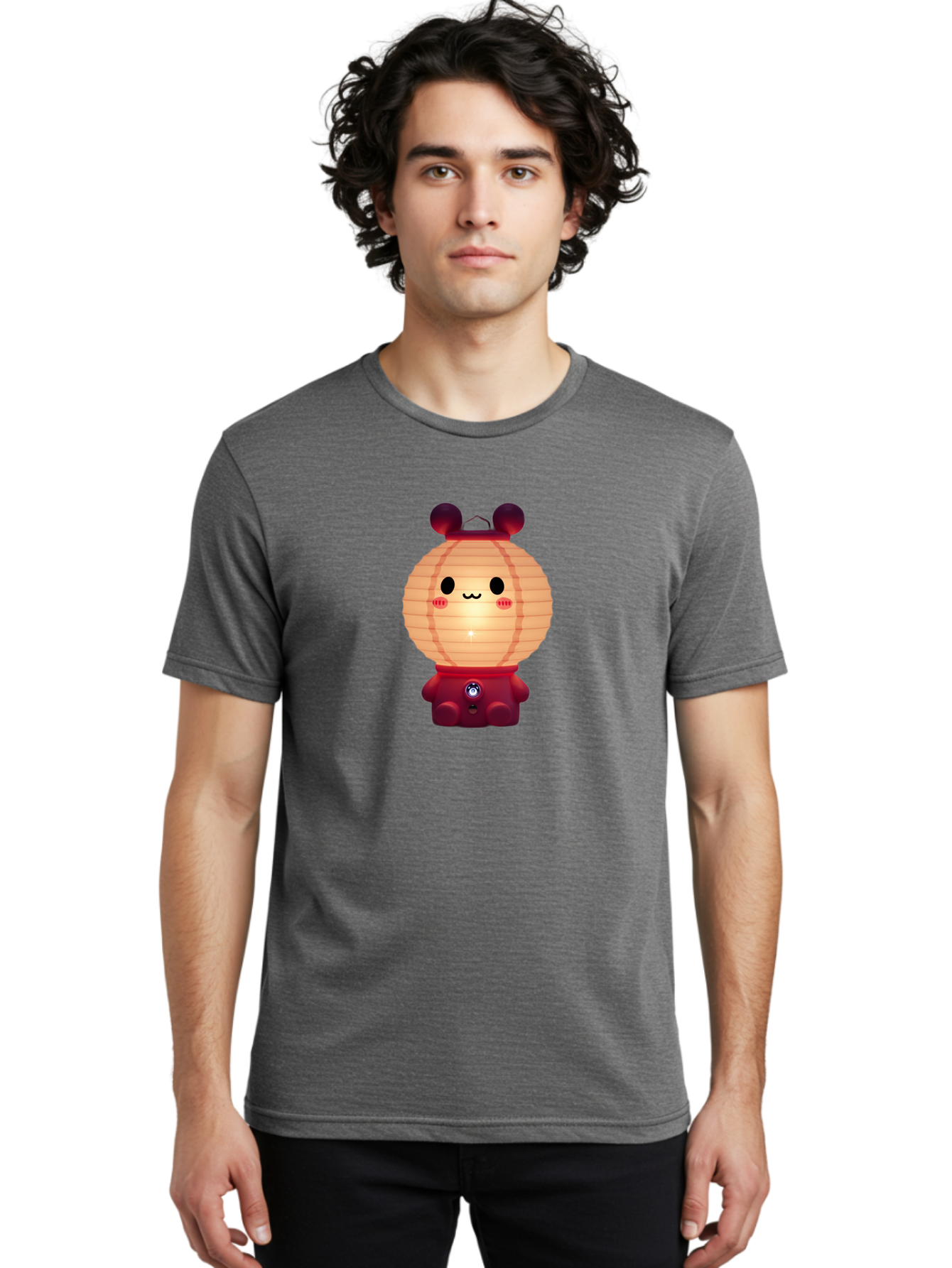 Lantern-Character Men'S Graphic Tee, 100% Cotton, Comfortable Casual Summer Wear, Machine Washable, Kawaii Lantern Character, Cute Cartoon Design, Adorable Face, Red Lantern Costume, Glowing Light, Cartoonish Features, Anime Style, Bad273