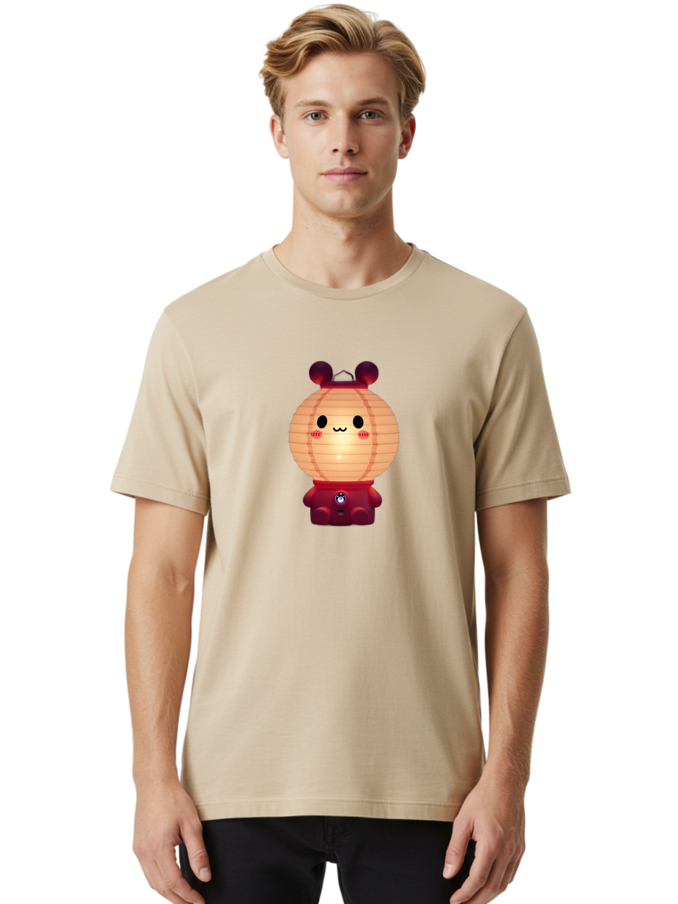 Lantern-Character Men'S Graphic Tee, 100% Cotton, Comfortable Casual Summer Wear, Machine Washable, Kawaii Lantern Character, Cute Cartoon Design, Adorable Face, Red Lantern Costume, Glowing Light, Cartoonish Features, Anime Style, Bad273