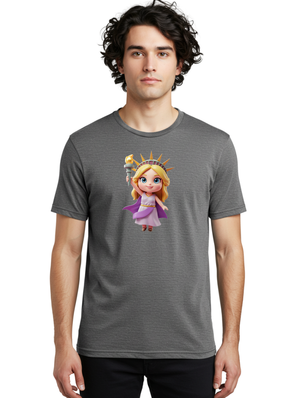 Liberty-Girl Men'S Graphic Tee, 100% Cotton, Comfortable Casual Summer Wear, Machine Washable, Cartoon Lady Liberty, Statue Of Liberty Figurine, Liberty Holding Torch, Purple Cape, White Dress, Golden Belt, Blonde Hair, Blue Eyes, Bad279