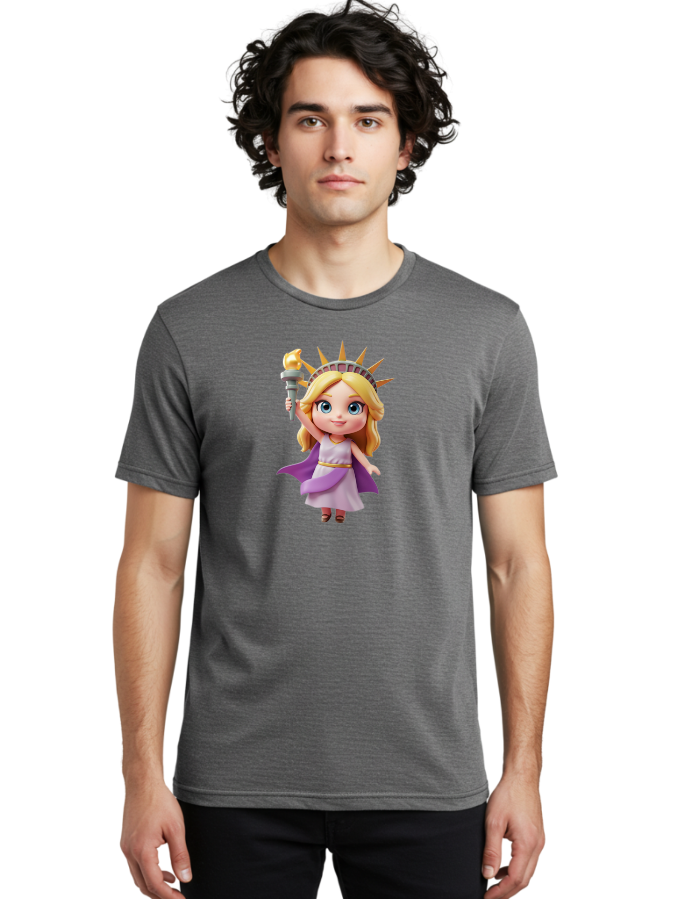 Liberty-Girl Men'S Graphic Tee, 100% Cotton, Comfortable Casual Summer Wear, Machine Washable, Cartoon Lady Liberty, Statue Of Liberty Figurine, Liberty Holding Torch, Purple Cape, White Dress, Golden Belt, Blonde Hair, Blue Eyes, Bad279