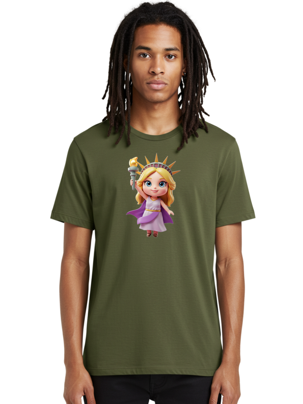 Liberty-Girl Men'S Graphic Tee, 100% Cotton, Comfortable Casual Summer Wear, Machine Washable, Cartoon Lady Liberty, Statue Of Liberty Figurine, Liberty Holding Torch, Purple Cape, White Dress, Golden Belt, Blonde Hair, Blue Eyes, Bad279