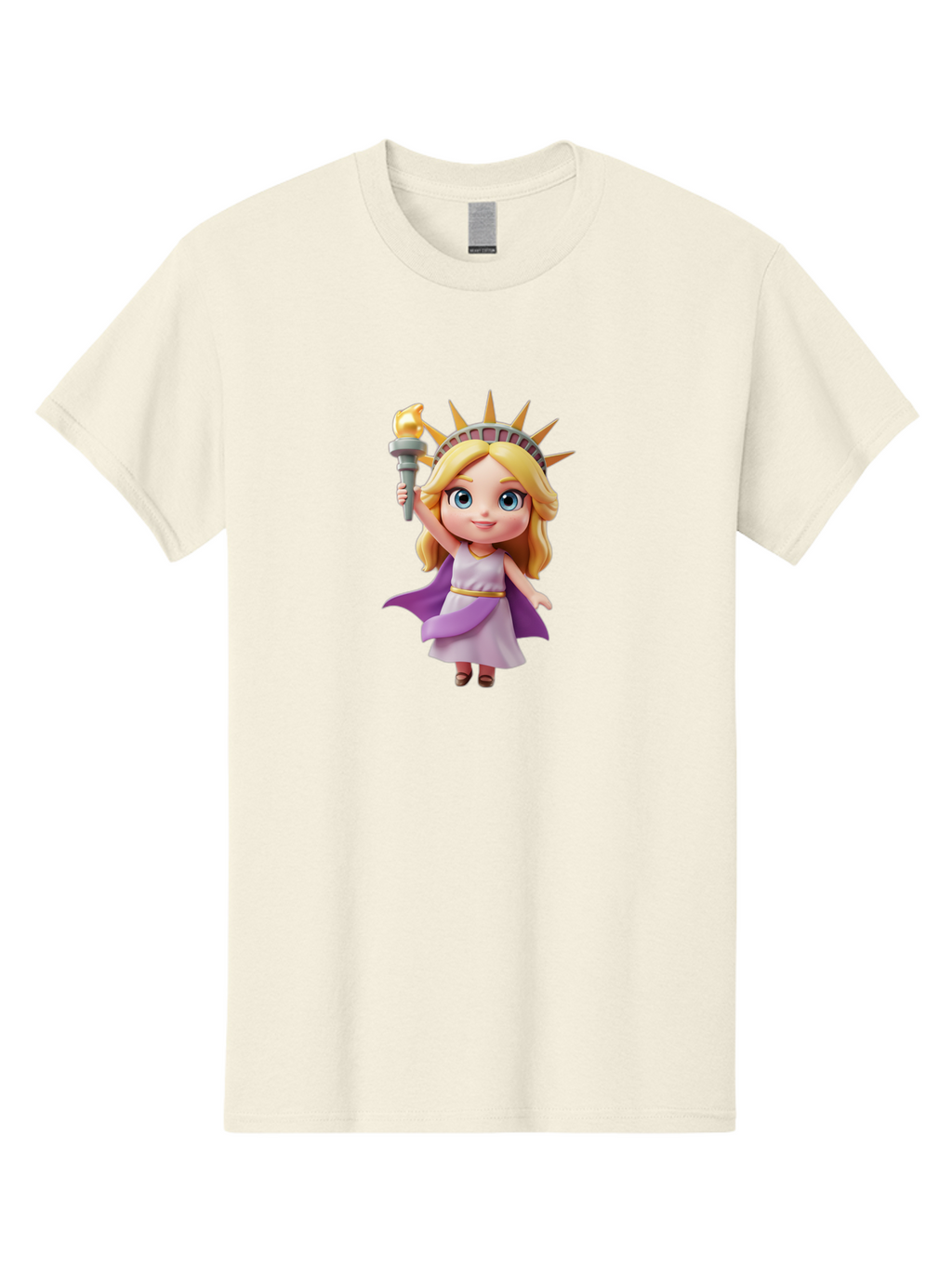 Liberty-Girl Men'S Graphic Tee, 100% Cotton, Comfortable Casual Summer Wear, Machine Washable, Cartoon Lady Liberty, Statue Of Liberty Figurine, Liberty Holding Torch, Purple Cape, White Dress, Golden Belt, Blonde Hair, Blue Eyes, Bad279