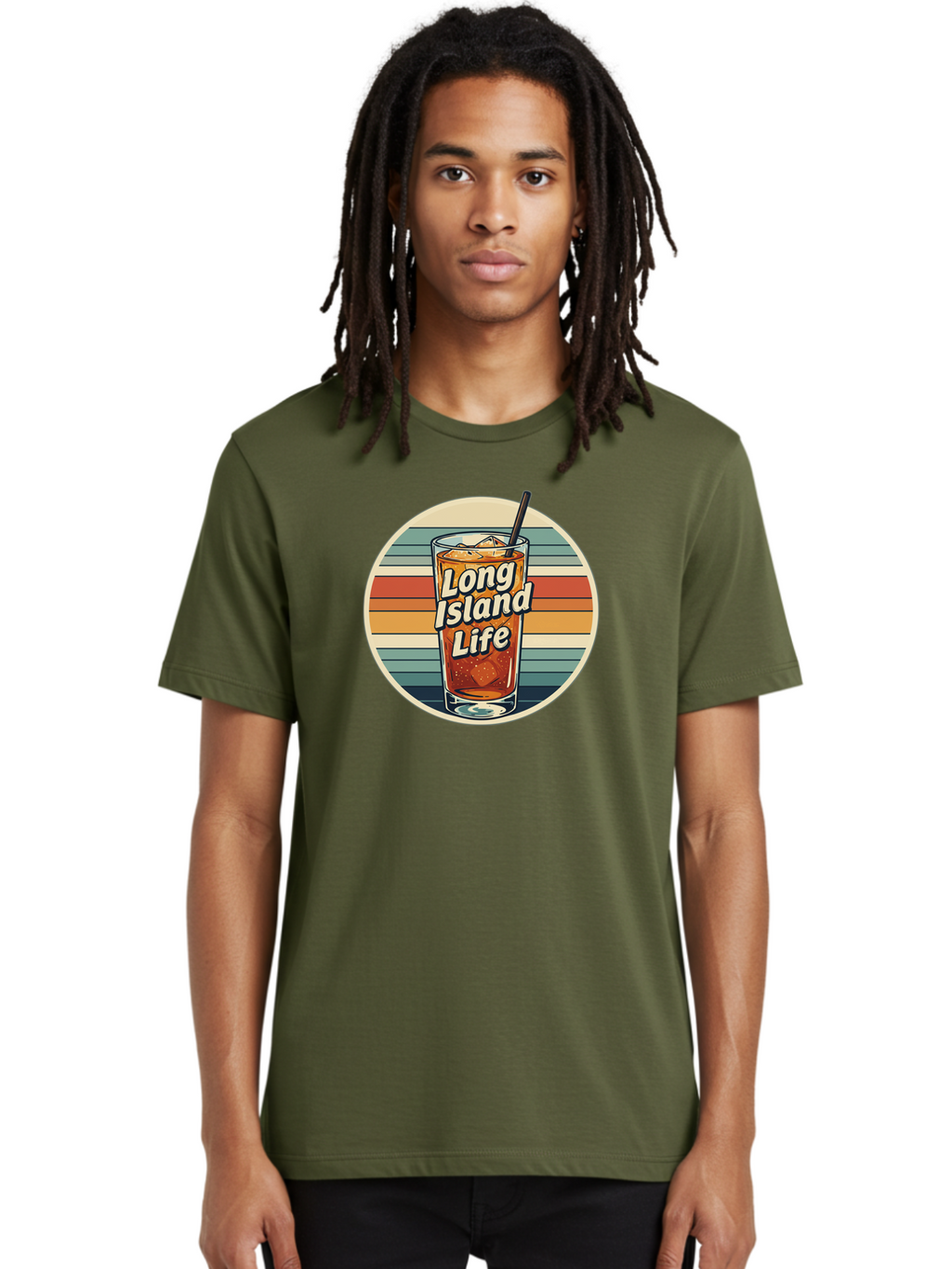 Long-Island-Life Men'S Graphic Tee, 100% Cotton, Comfortable Casual Summer Wear, Machine Washable, Iced Tea, Retro Design, Striped Pattern, Refreshing Drink, Summer Vibes, Long Island Life, Cocktail Culture, Nostalgic Feel, Vibrant Colors Bad280