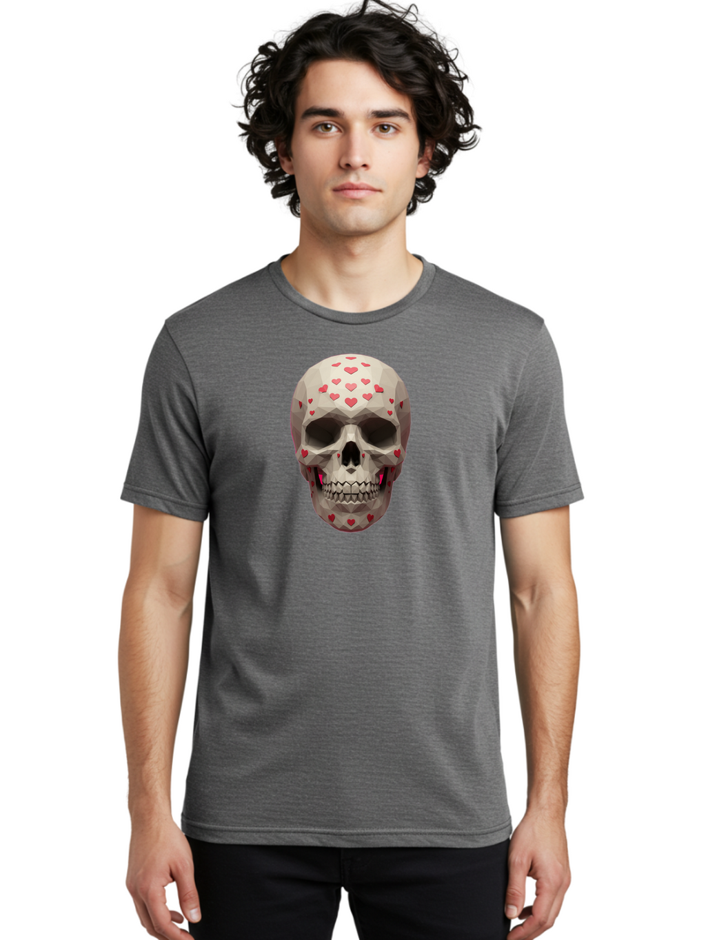 Low-Poly-Skull-With-Hearts Men'S Graphic Tee, 100% Cotton, Comfortable Casual Summer Wear, Machine Washable, Low Poly Skull, 3D Art, Heart Pattern, Red Hearts, Polygonal Design, Skull Art, Modern Art, Graphic Design, Digital Art Bad284
