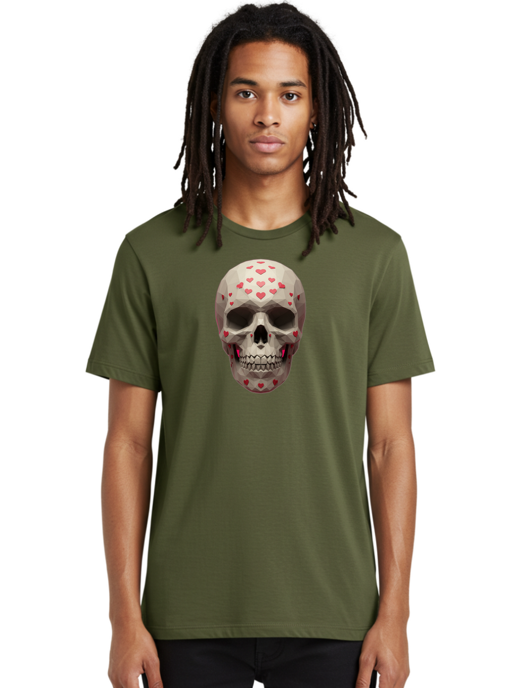 Low-Poly-Skull-With-Hearts Men'S Graphic Tee, 100% Cotton, Comfortable Casual Summer Wear, Machine Washable, Low Poly Skull, 3D Art, Heart Pattern, Red Hearts, Polygonal Design, Skull Art, Modern Art, Graphic Design, Digital Art Bad284