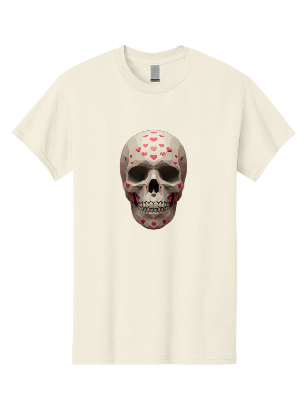 Low-Poly-Skull-With-Hearts Men'S Graphic Tee, 100% Cotton, Comfortable Casual Summer Wear, Machine Washable, Low Poly Skull, 3D Art, Heart Pattern, Red Hearts, Polygonal Design, Skull Art, Modern Art, Graphic Design, Digital Art Bad284