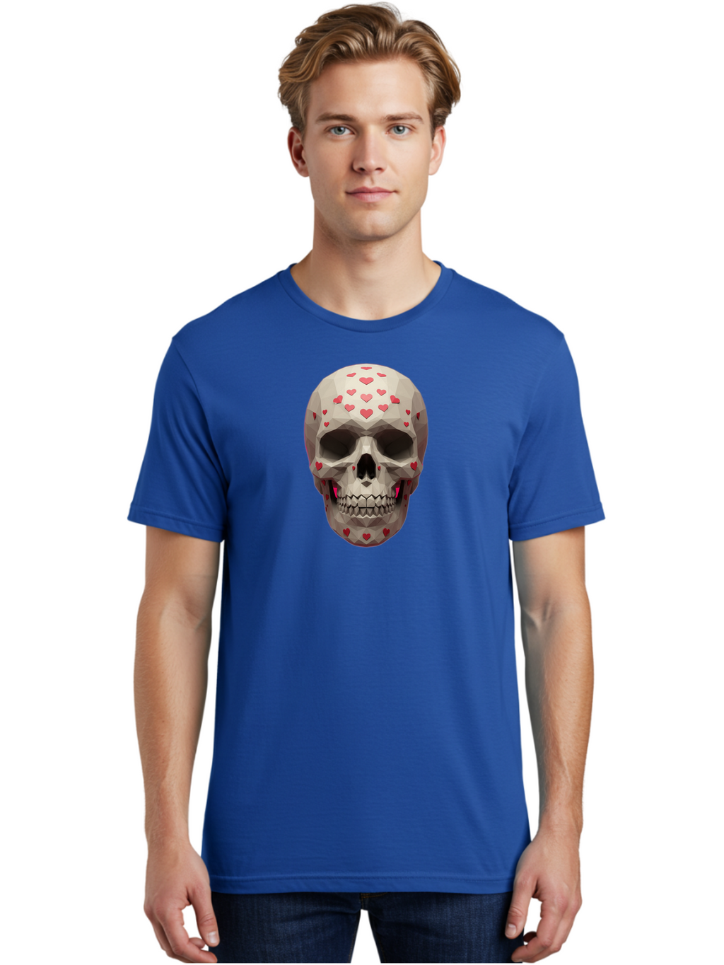 Low-Poly-Skull-With-Hearts Men'S Graphic Tee, 100% Cotton, Comfortable Casual Summer Wear, Machine Washable, Low Poly Skull, 3D Art, Heart Pattern, Red Hearts, Polygonal Design, Skull Art, Modern Art, Graphic Design, Digital Art Bad284
