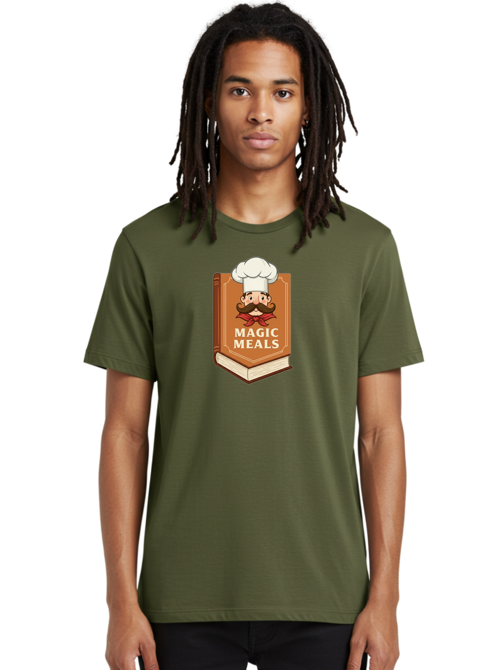 Magic-Meals Men'S Graphic Tee, 100% Cotton, Comfortable Casual Summer Wear, Machine Washable, Cookbook, Chef Hat, Mustachioed Chef, Recipe Book, Culinary Delights, Cooking Inspiration, Foodie, Gourmet Meals Bad289