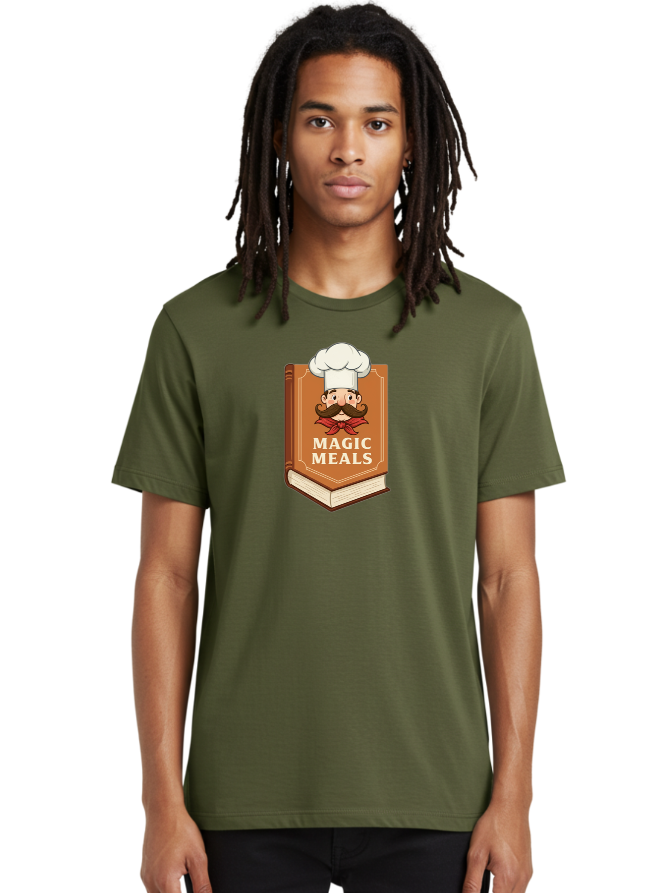 Magic-Meals Men'S Graphic Tee, 100% Cotton, Comfortable Casual Summer Wear, Machine Washable, Cookbook, Chef Hat, Mustachioed Chef, Recipe Book, Culinary Delights, Cooking Inspiration, Foodie, Gourmet Meals Bad289