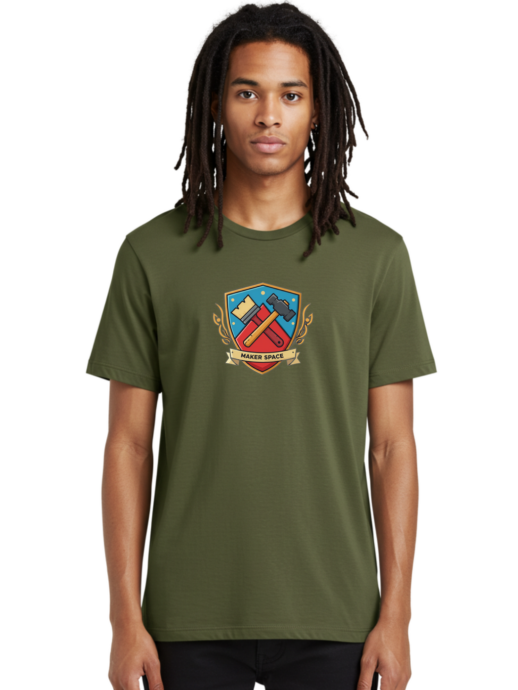Maker-Space Men'S Graphic Tee, 100% Cotton, Comfortable Casual Summer Wear, Machine Washable, Maker Space Logo, Shield Emblem, Crossed Tools, Hammer And Chisel, Diy, Makerspace Community, Creative Workspace, Innovative Design, Craftsmanship Bad290