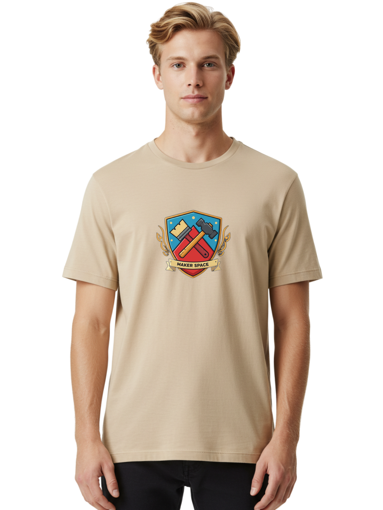 Maker-Space Men'S Graphic Tee, 100% Cotton, Comfortable Casual Summer Wear, Machine Washable, Maker Space Logo, Shield Emblem, Crossed Tools, Hammer And Chisel, Diy, Makerspace Community, Creative Workspace, Innovative Design, Craftsmanship Bad290