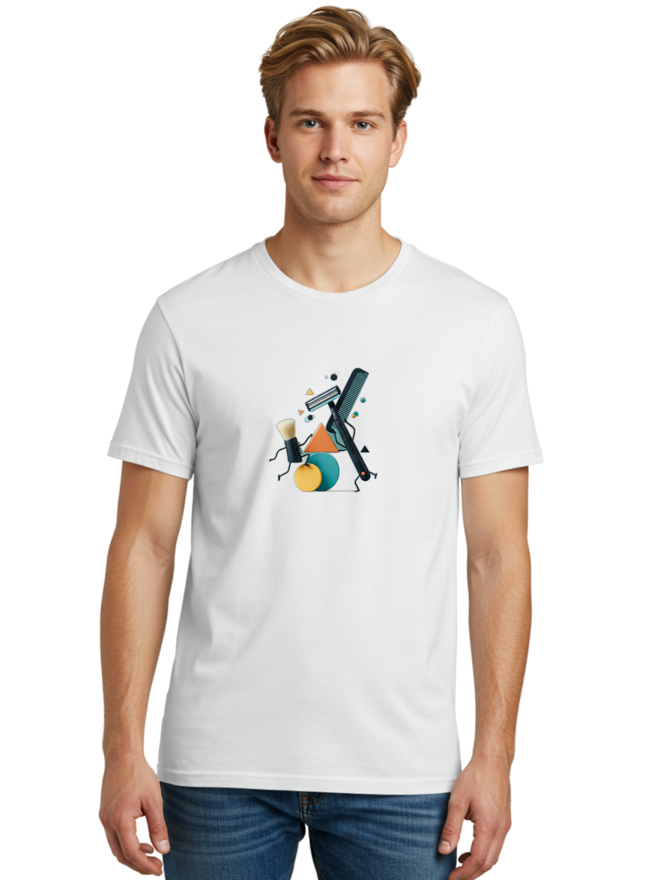 Makeup-Brush-And-Razor Men'S Graphic Tee, 100% Cotton, Comfortable Casual Summer Wear, Machine Washable, Makeup Brush, Comb, Cartoon Characters, Geometric Shapes, Abstract Art, Creative Design, Playful Illustration, Beauty Tools Bad291