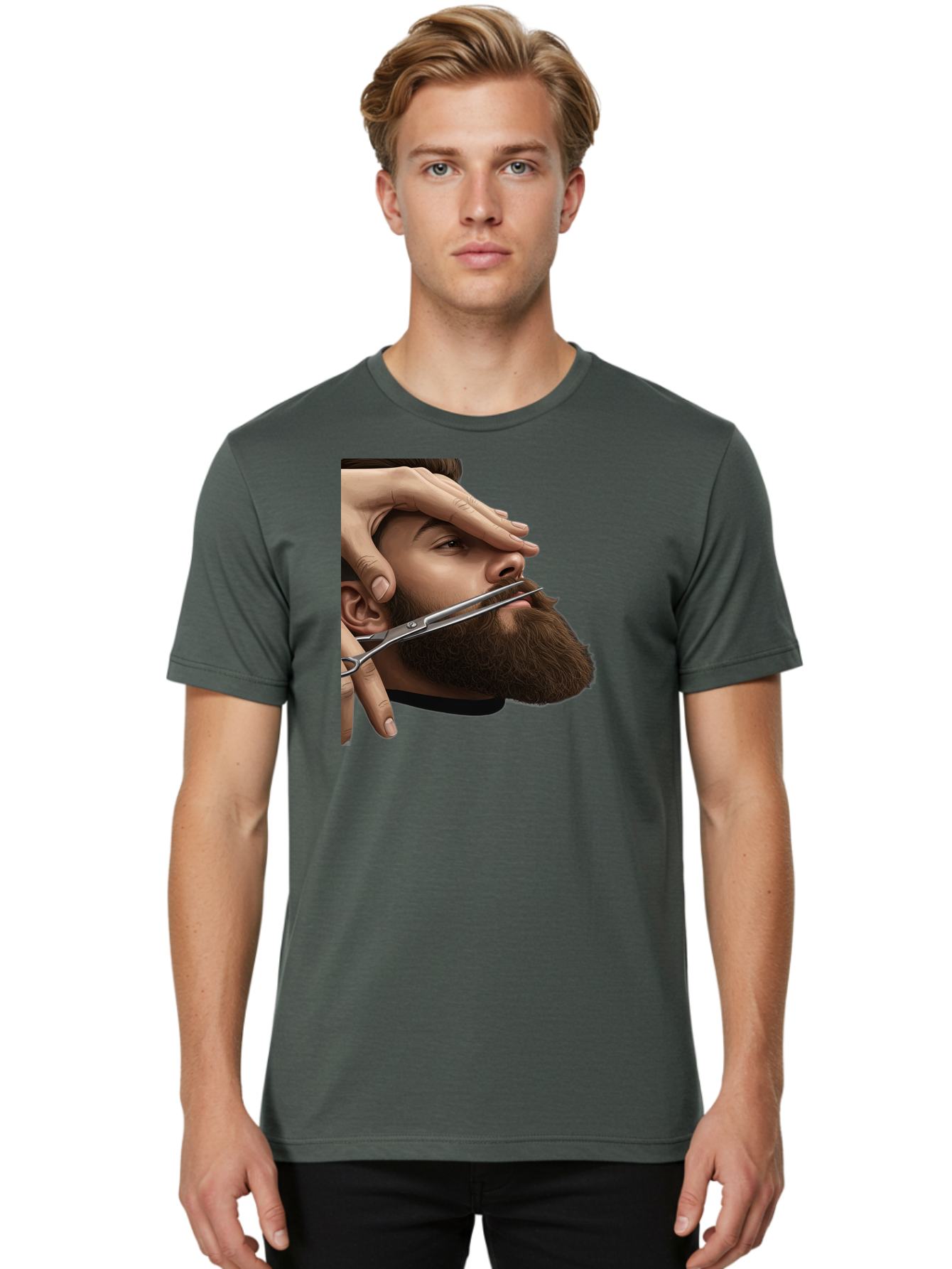 Man-Getting-Beard-Trimmed Men'S Graphic Tee, 100% Cotton, Comfortable Casual Summer Wear, Machine Washable, Beard Grooming, Beard Trimming, Barber Services, Men'S Grooming, Beard Care, Scissors Cutting Beard, Precise Cut, Stylish Beard Bad292