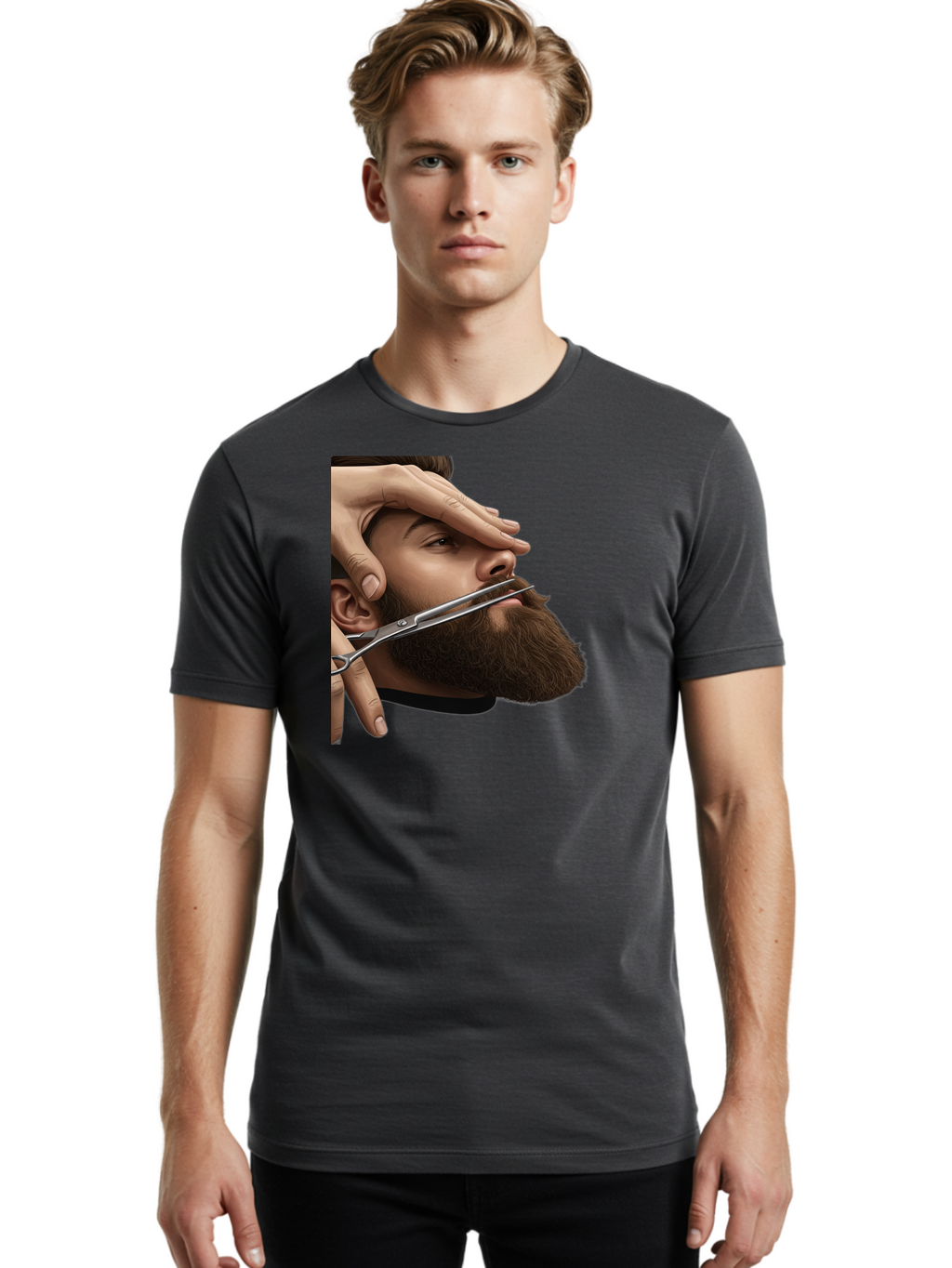 Man-Getting-Beard-Trimmed Men'S Graphic Tee, 100% Cotton, Comfortable Casual Summer Wear, Machine Washable, Beard Grooming, Beard Trimming, Barber Services, Men'S Grooming, Beard Care, Scissors Cutting Beard, Precise Cut, Stylish Beard Bad292