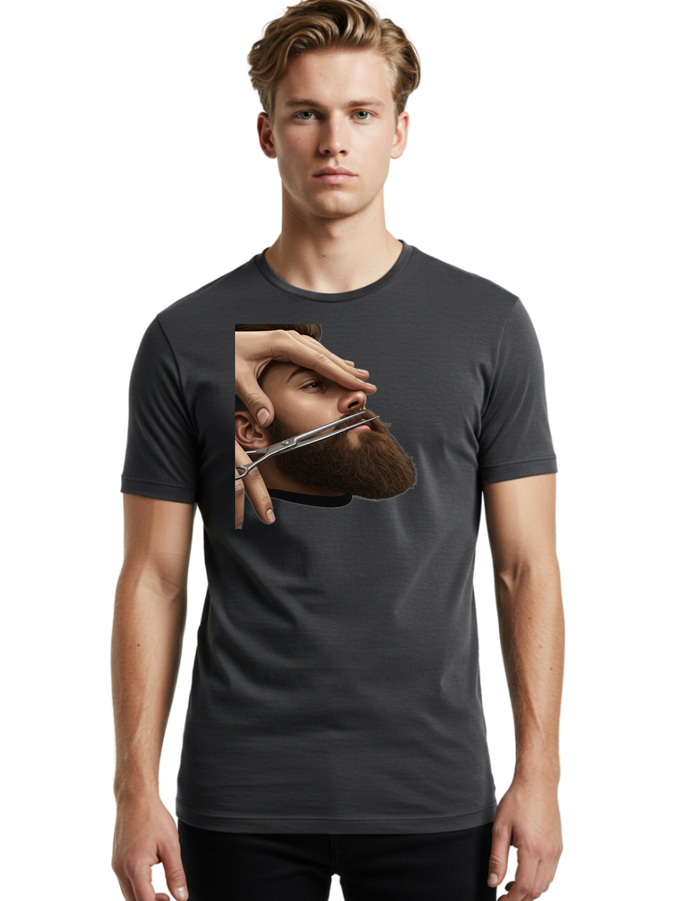 Man-Getting-Beard-Trimmed Men'S Graphic Tee, 100% Cotton, Comfortable Casual Summer Wear, Machine Washable, Beard Grooming, Beard Trimming, Barber Services, Men'S Grooming, Beard Care, Scissors Cutting Beard, Precise Cut, Stylish Beard Bad292