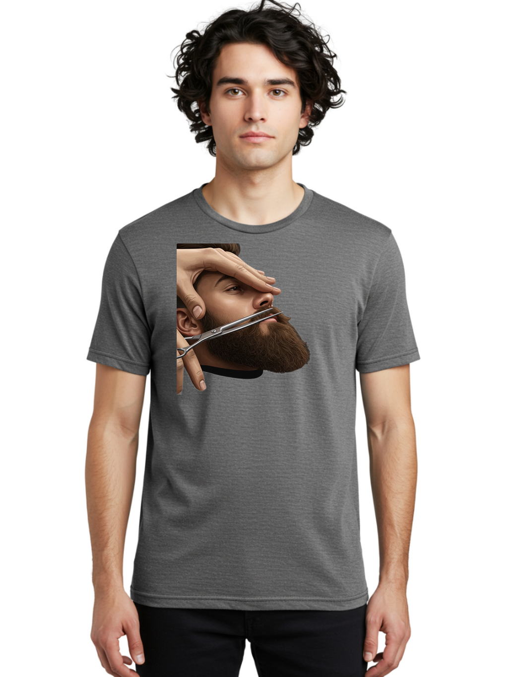 Man-Getting-Beard-Trimmed Men'S Graphic Tee, 100% Cotton, Comfortable Casual Summer Wear, Machine Washable, Beard Grooming, Beard Trimming, Barber Services, Men'S Grooming, Beard Care, Scissors Cutting Beard, Precise Cut, Stylish Beard Bad292