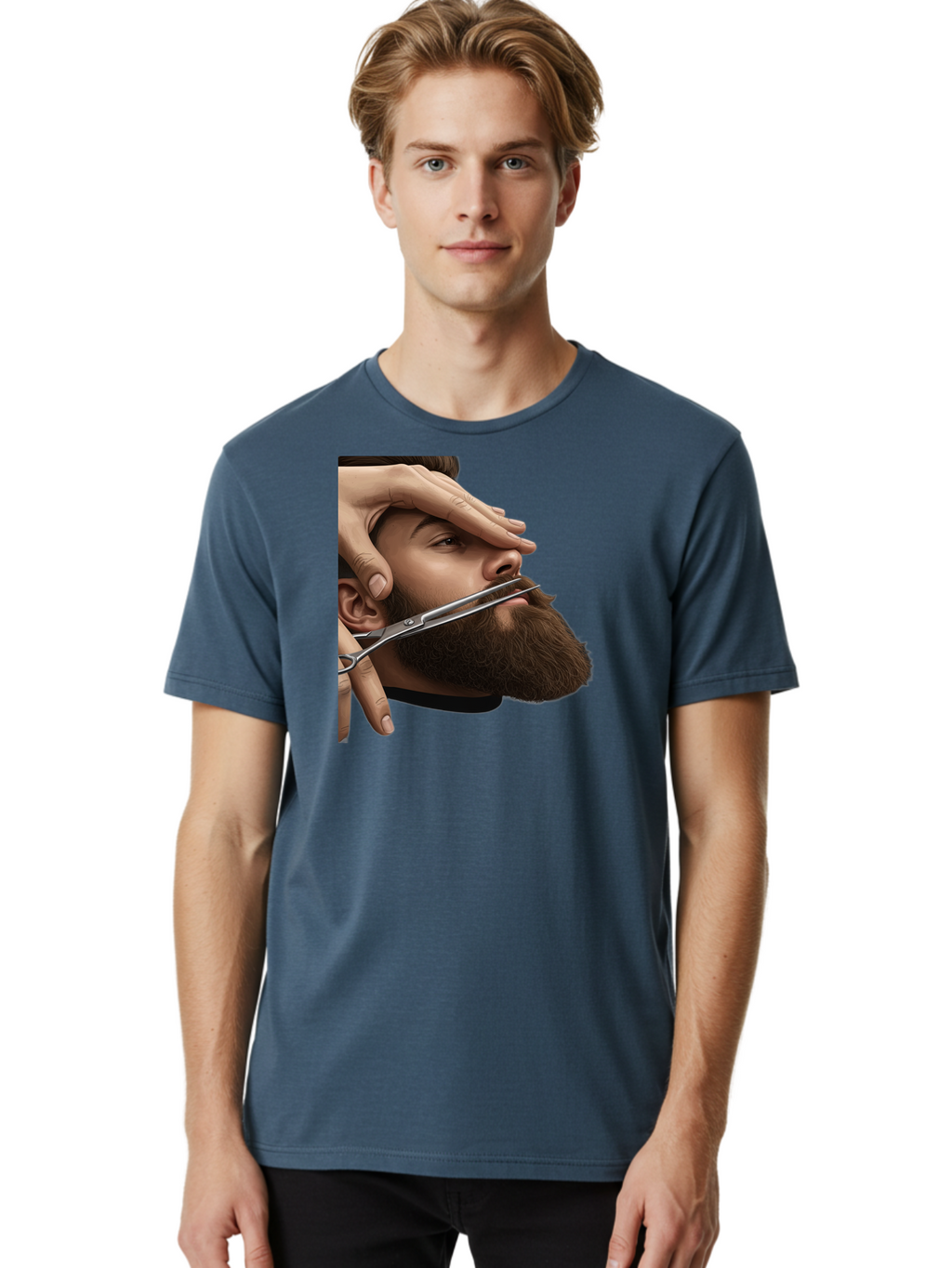 Man-Getting-Beard-Trimmed Men'S Graphic Tee, 100% Cotton, Comfortable Casual Summer Wear, Machine Washable, Beard Grooming, Beard Trimming, Barber Services, Men'S Grooming, Beard Care, Scissors Cutting Beard, Precise Cut, Stylish Beard Bad292