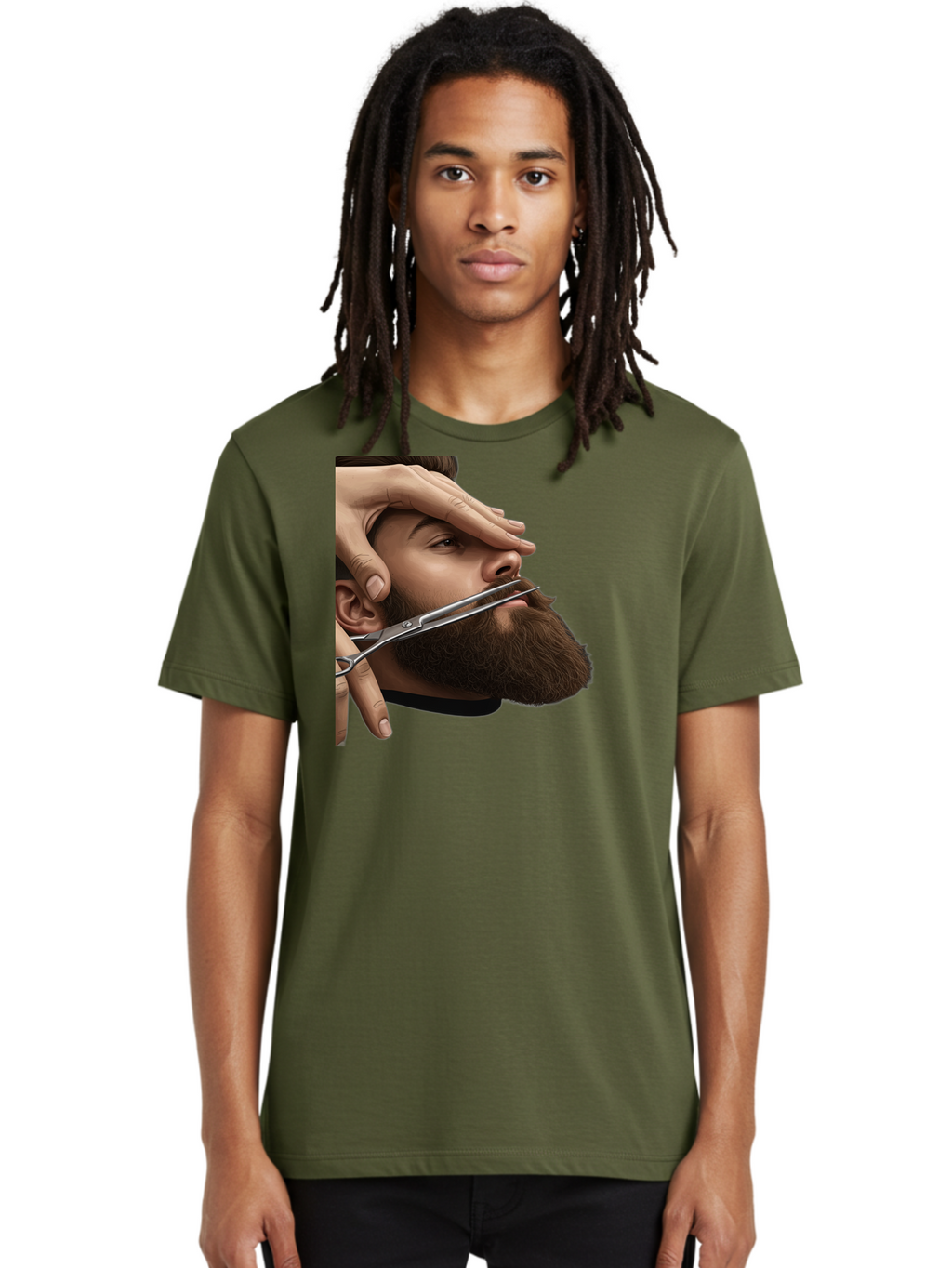 Man-Getting-Beard-Trimmed Men'S Graphic Tee, 100% Cotton, Comfortable Casual Summer Wear, Machine Washable, Beard Grooming, Beard Trimming, Barber Services, Men'S Grooming, Beard Care, Scissors Cutting Beard, Precise Cut, Stylish Beard Bad292