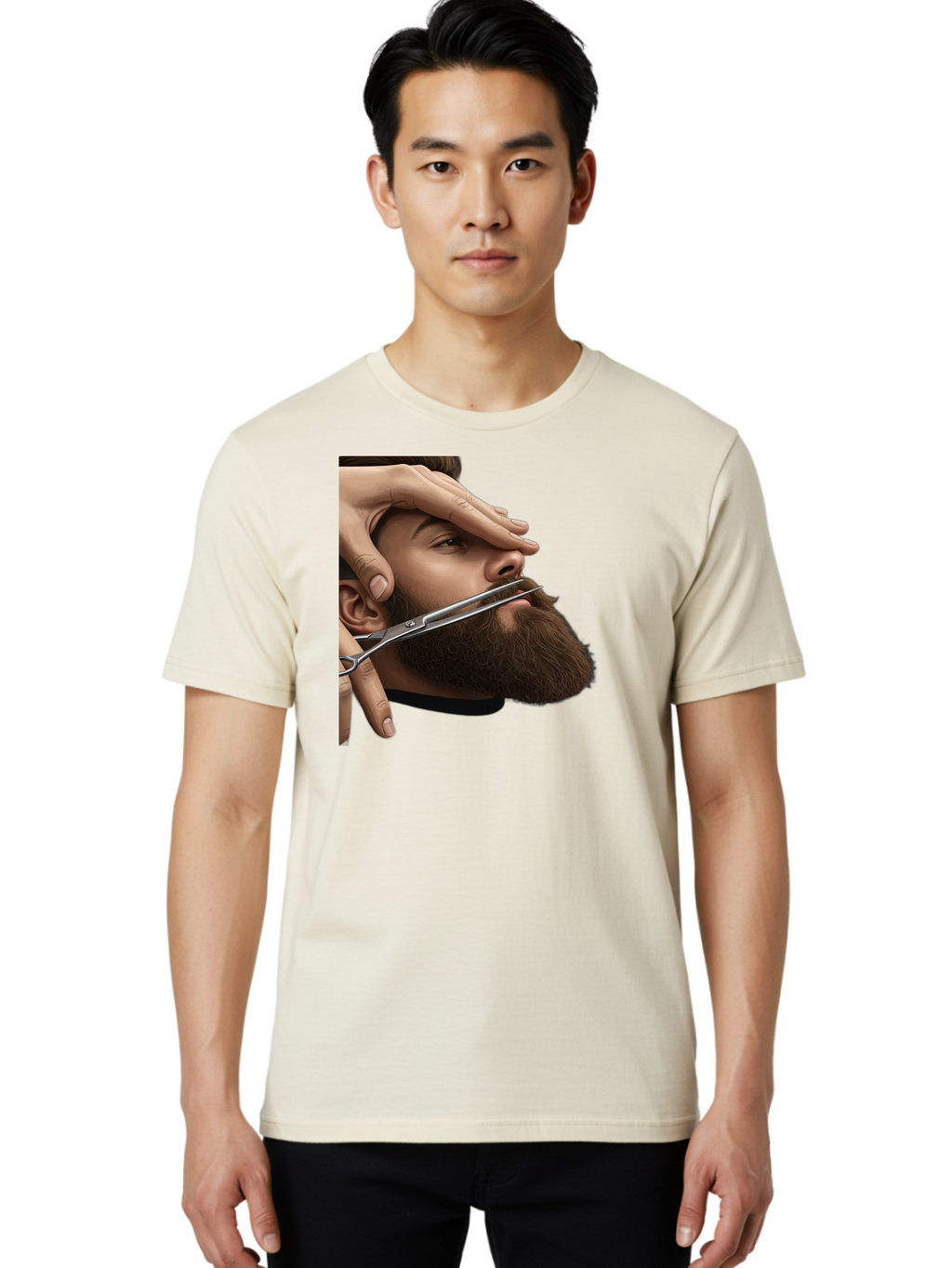 Man-Getting-Beard-Trimmed Men'S Graphic Tee, 100% Cotton, Comfortable Casual Summer Wear, Machine Washable, Beard Grooming, Beard Trimming, Barber Services, Men'S Grooming, Beard Care, Scissors Cutting Beard, Precise Cut, Stylish Beard Bad292