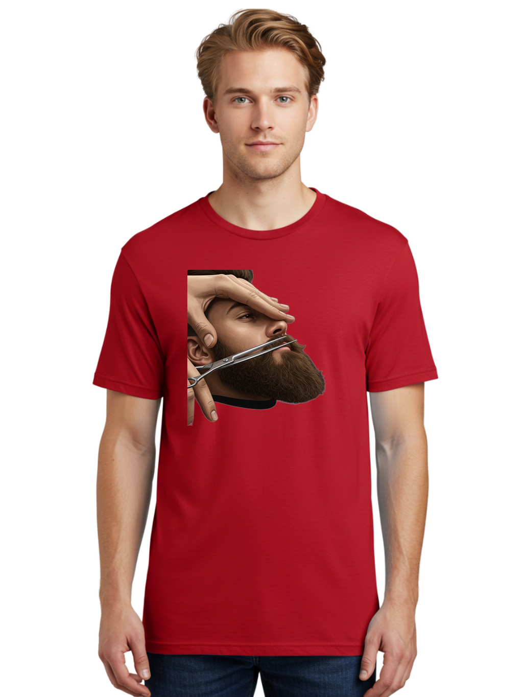 Man-Getting-Beard-Trimmed Men'S Graphic Tee, 100% Cotton, Comfortable Casual Summer Wear, Machine Washable, Beard Grooming, Beard Trimming, Barber Services, Men'S Grooming, Beard Care, Scissors Cutting Beard, Precise Cut, Stylish Beard Bad292