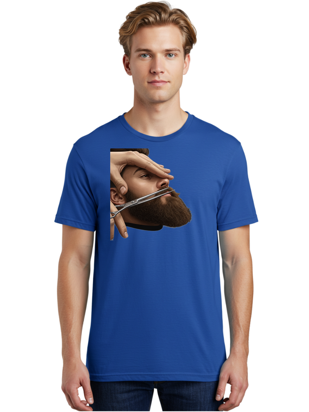 Man-Getting-Beard-Trimmed Men'S Graphic Tee, 100% Cotton, Comfortable Casual Summer Wear, Machine Washable, Beard Grooming, Beard Trimming, Barber Services, Men'S Grooming, Beard Care, Scissors Cutting Beard, Precise Cut, Stylish Beard Bad292