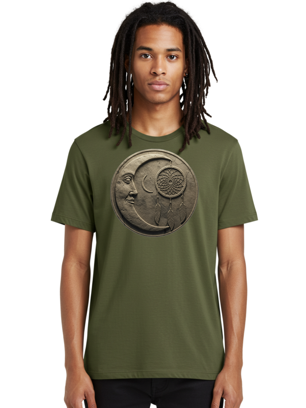Man-In-The-Moon-Dreamcatcher-Plaque Men'S Graphic Tee, 100% Cotton, Comfortable Casual Summer Wear, Machine Washable, Dreamcatcher, Moon Face, Mystical Symbol, Spiritual Charm, Native American Culture, Handmade Art, Spiritual Protection, Bad293