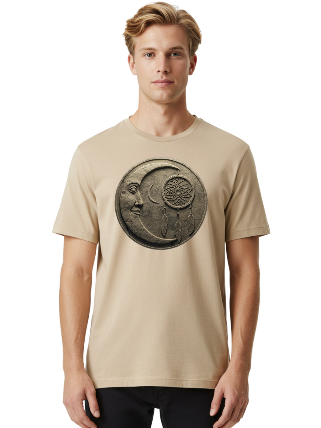 Man-In-The-Moon-Dreamcatcher-Plaque Men'S Graphic Tee, 100% Cotton, Comfortable Casual Summer Wear, Machine Washable, Dreamcatcher, Moon Face, Mystical Symbol, Spiritual Charm, Native American Culture, Handmade Art, Spiritual Protection, Bad293