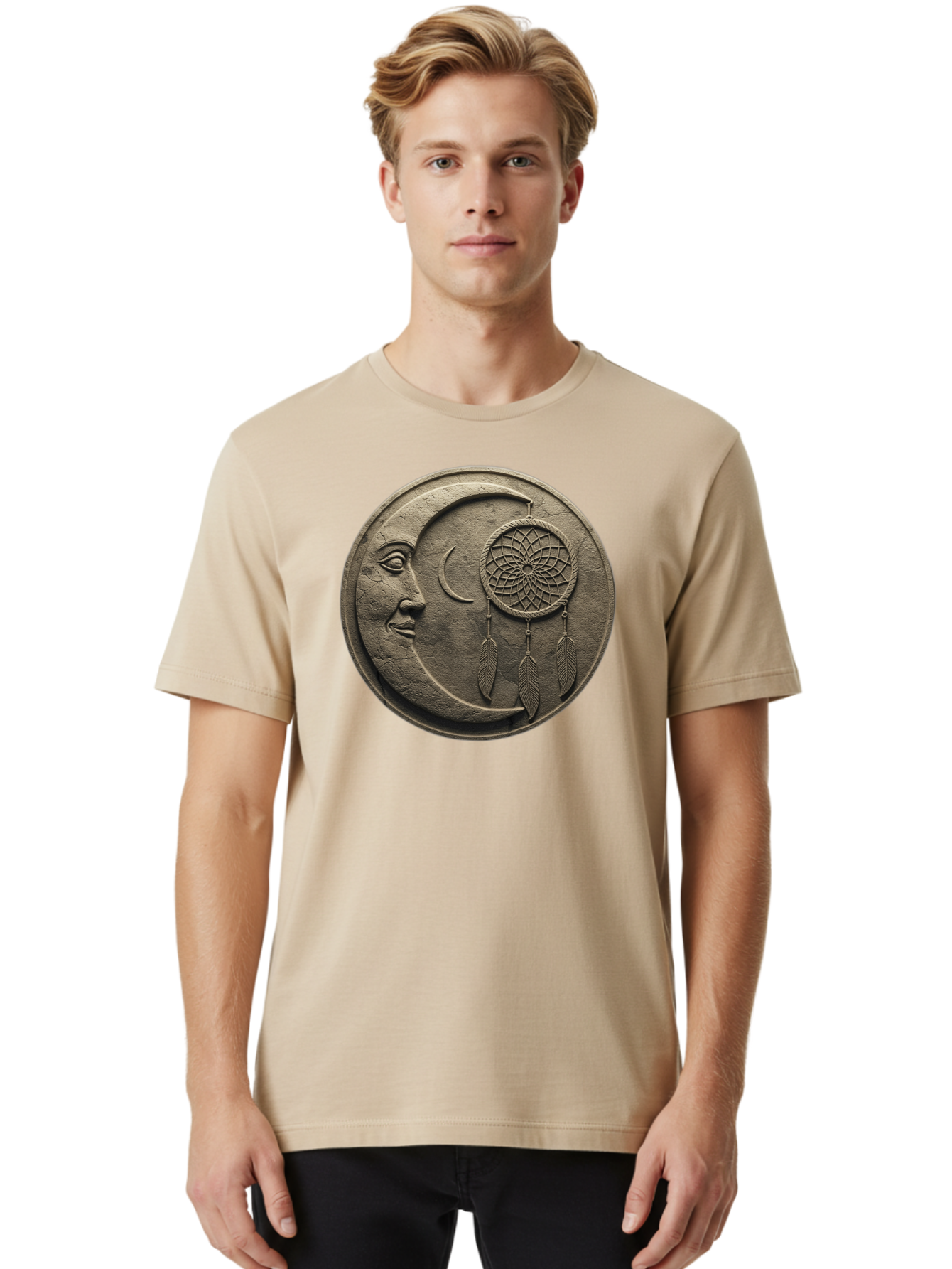 Man-In-The-Moon-Dreamcatcher-Plaque Men'S Graphic Tee, 100% Cotton, Comfortable Casual Summer Wear, Machine Washable, Dreamcatcher, Moon Face, Mystical Symbol, Spiritual Charm, Native American Culture, Handmade Art, Spiritual Protection, Bad293