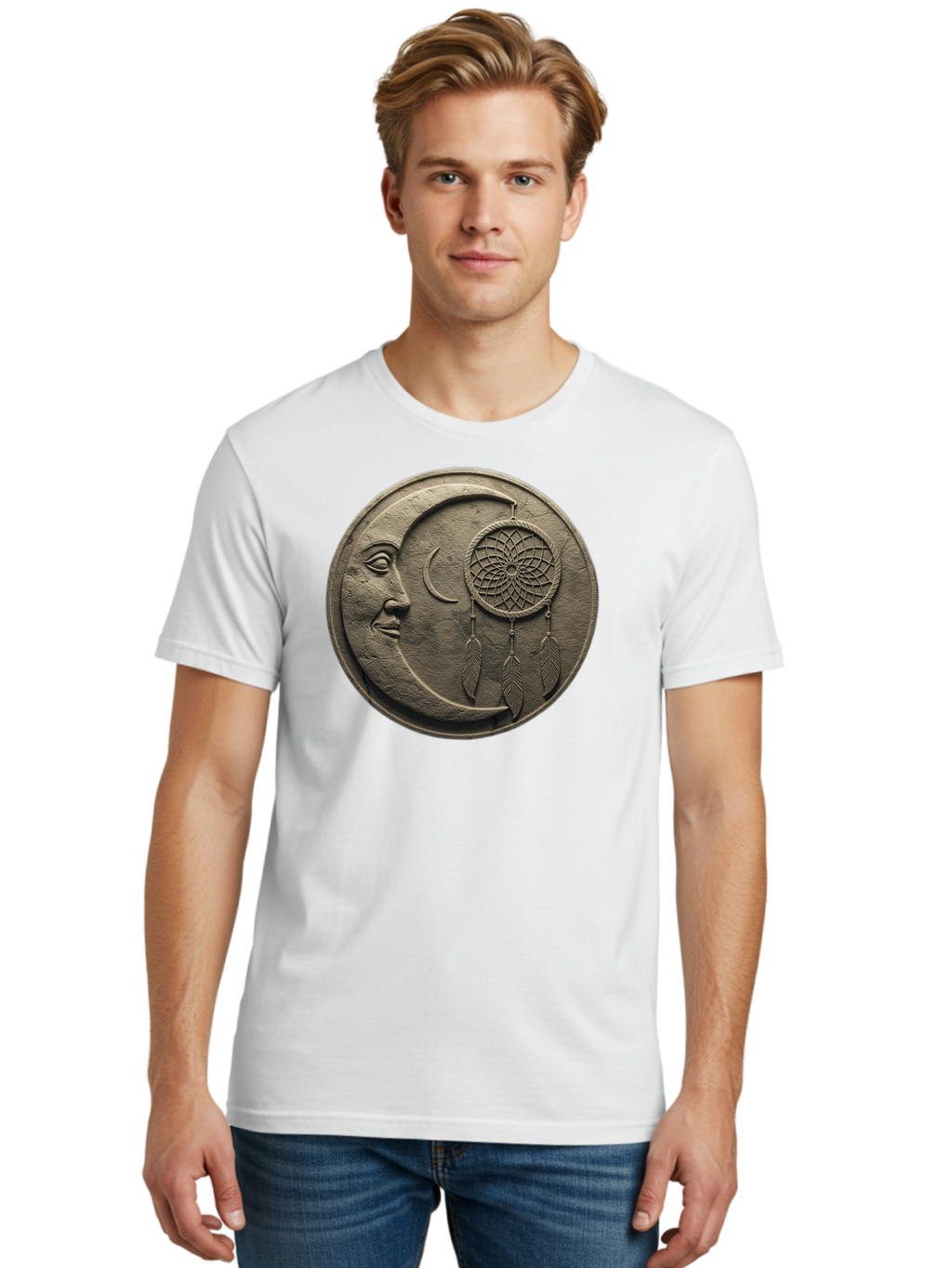 Man-In-The-Moon-Dreamcatcher-Plaque Men'S Graphic Tee, 100% Cotton, Comfortable Casual Summer Wear, Machine Washable, Dreamcatcher, Moon Face, Mystical Symbol, Spiritual Charm, Native American Culture, Handmade Art, Spiritual Protection, Bad293