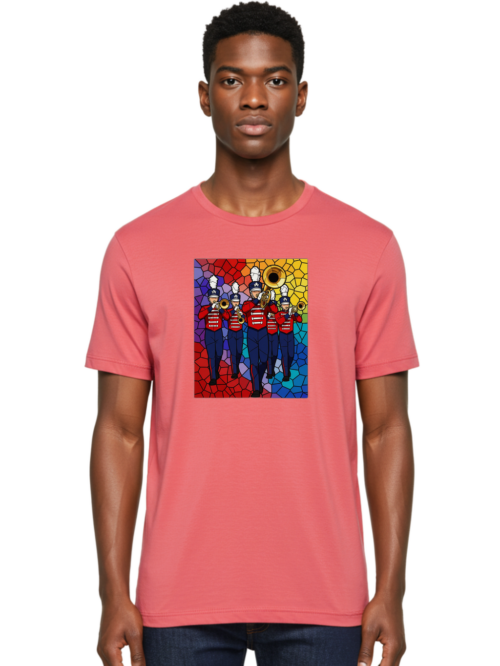 Marching-Band-1 Men'S Graphic Tee, 100% Cotton, Comfortable Casual Summer Wear, Machine Washable, Marching Band, Military Band, Musicians In Uniform, Playing Brass Instruments, Stained Glass Art, Vibrant Colors, Red And Blue Uniforms, Bad295